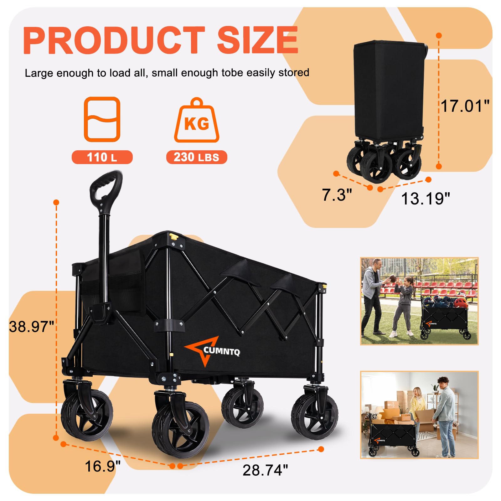 Heavy Duty Collapsible Wagon Cart with Wheels - 230lbs Capacity Foldable Utility Cart for Beach, Camping, Groceries & Shopping | Portable Outdoor Wagon for Picnics, Tailgating & Kids Activities (Black)
