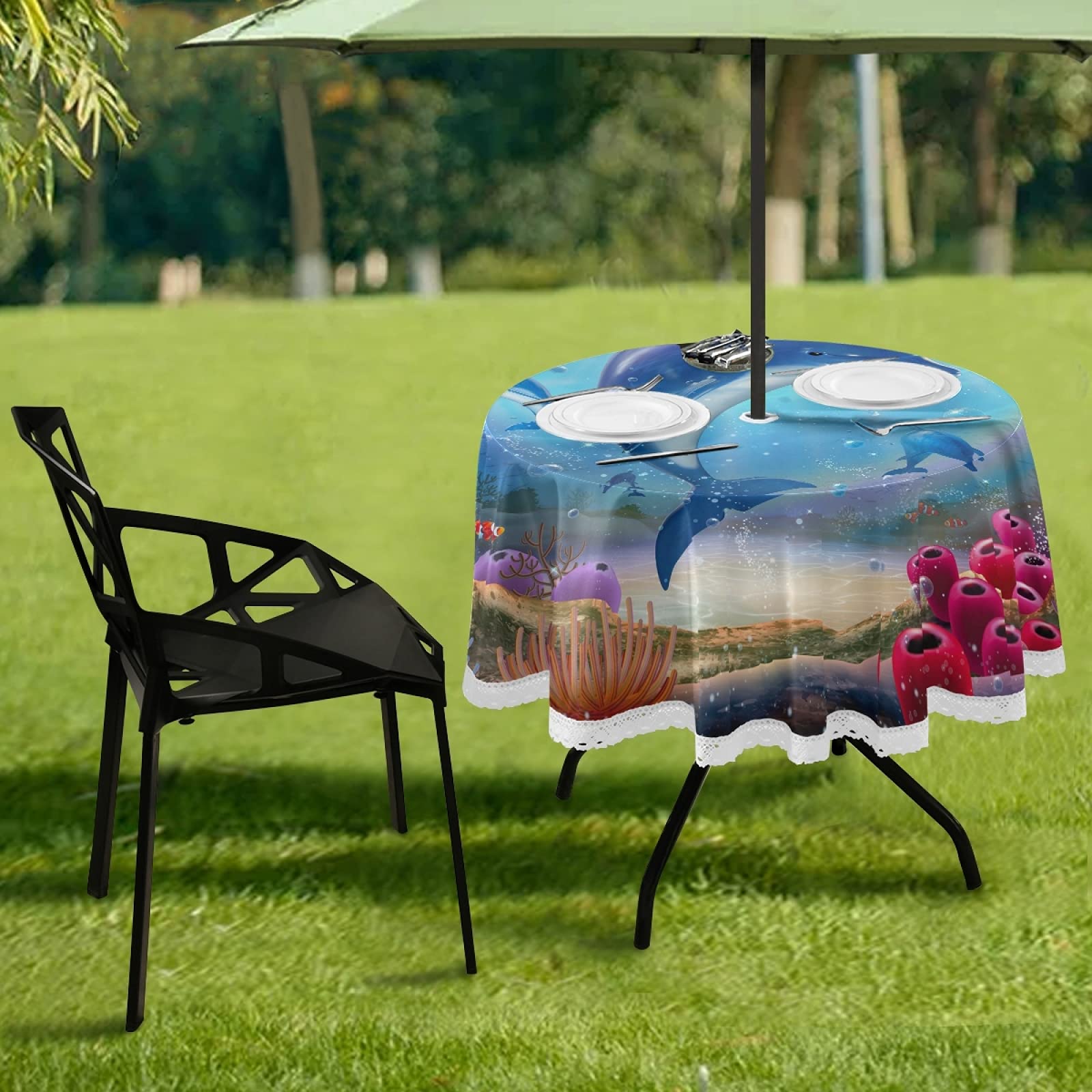 Vibrant Rainbow Dolphin Ocean Coral Reef Round Outdoor Tablecloth - 60 Inch Waterproof Patio Table Cover with Umbrella Hole & Zipper for Backyard BBQ, Picnic, Beach Parties & Poolside Dining
