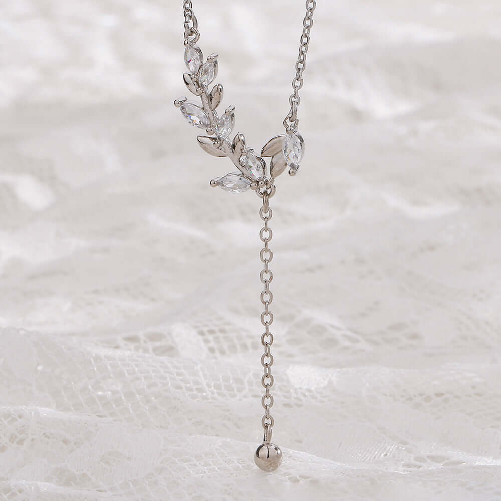 Marquise Olive Branch Leaf Y Necklace - Elegant Sterling Silver Pendant for Women | Perfect for Weddings, Anniversaries & Everyday Wear | R8236