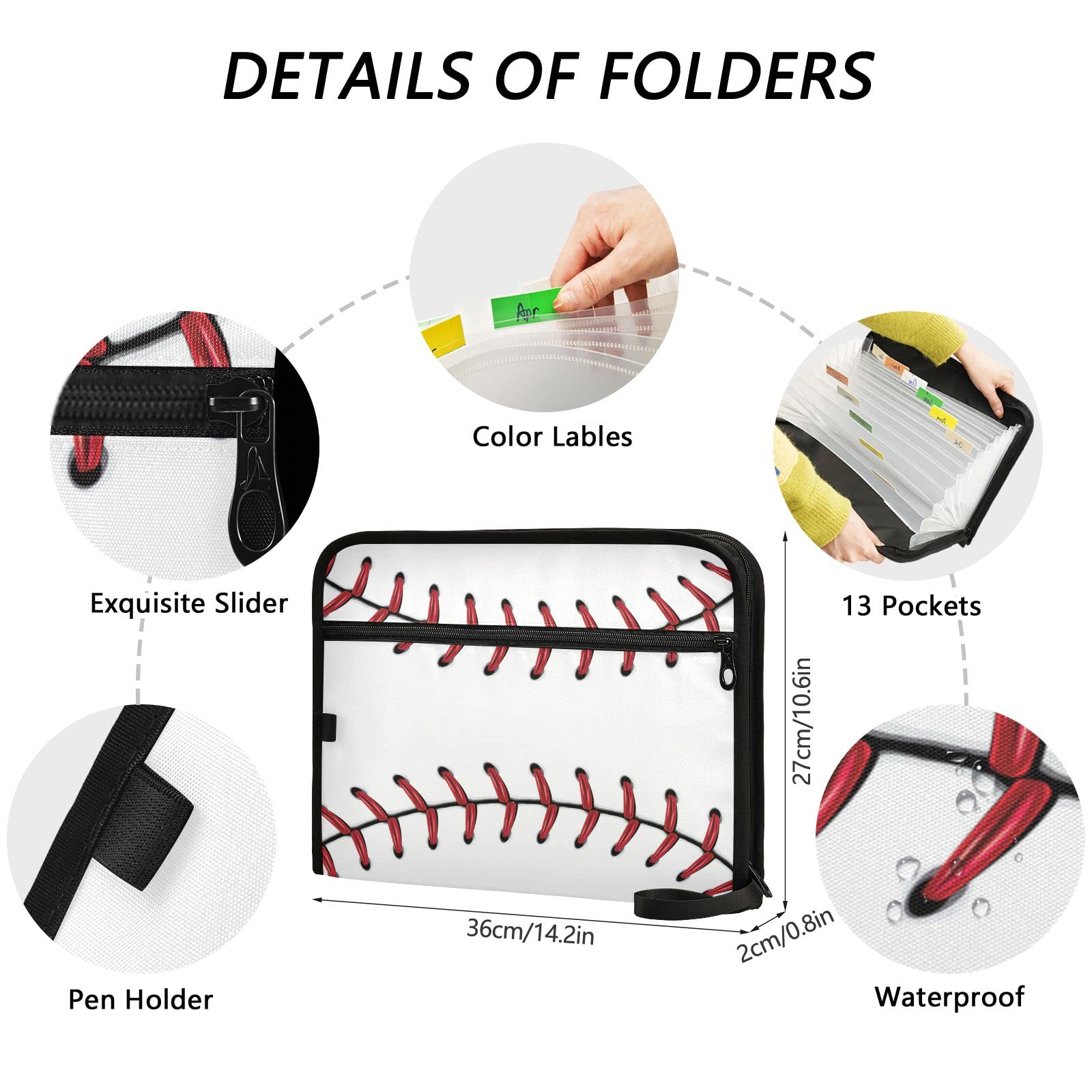 Kcldeci 13-Pocket Expanding File Folder - Red Baseball Pattern Accordion Organizer with Zipper Closure for A4/Legal Documents | Perfect for Office, School & Home Organization