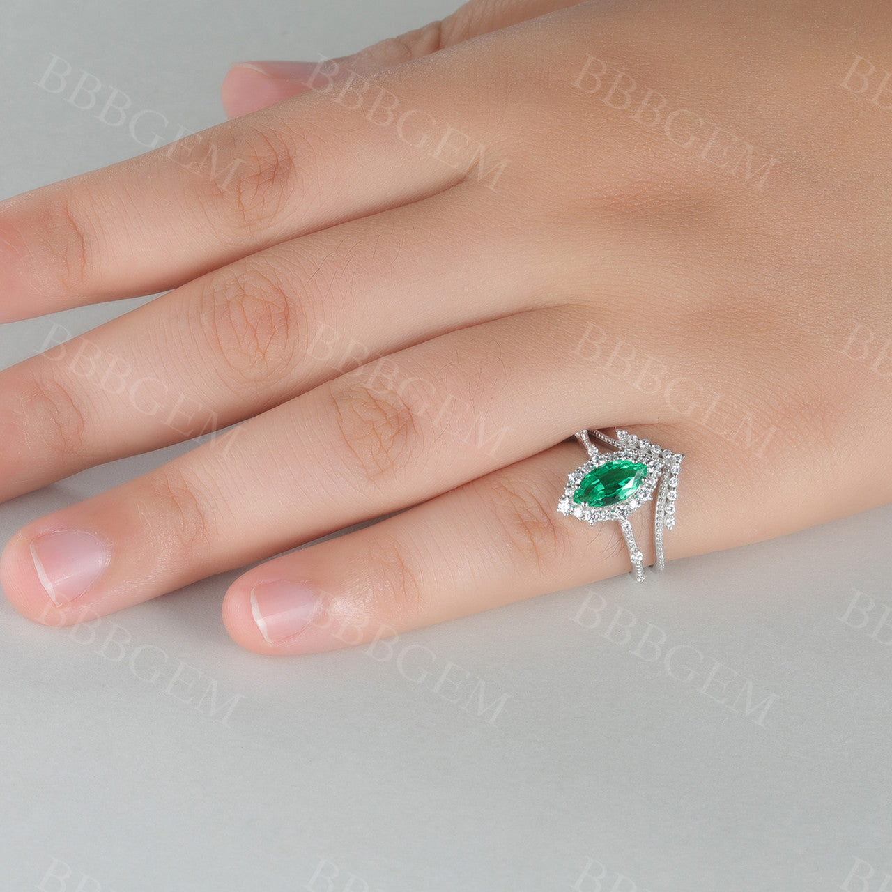 Marquise Emerald Engagement Ring & Wedding Ring Set - V-Curved Stacking Diamond Band for Women | Perfect for Proposals, Anniversaries & Bridal Jewelry