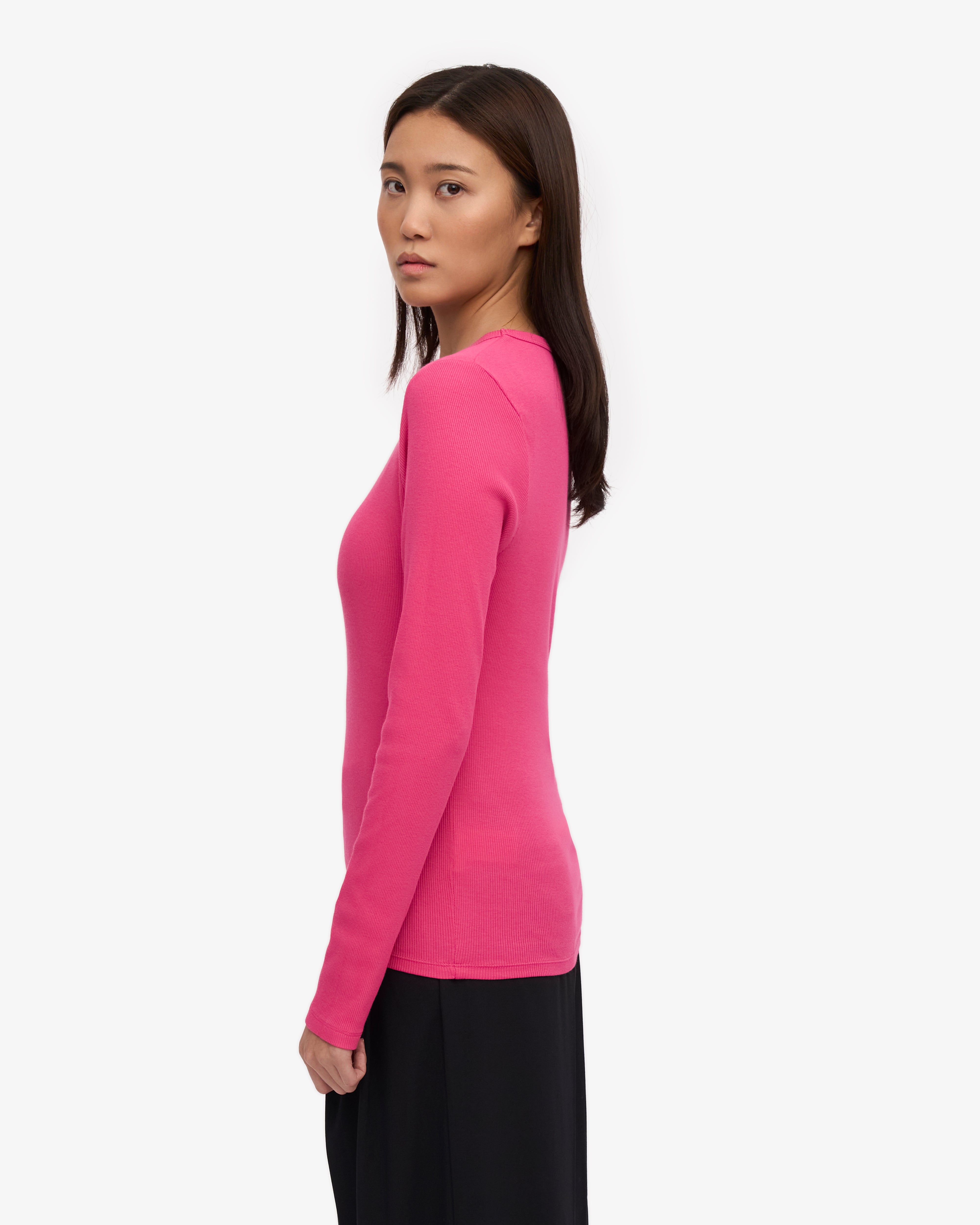 Organic Women's Long Sleeve Ribbed T-Shirt - Bubblegum Pink | Soft Cotton Comfort Fit for Casual Wear & Layering