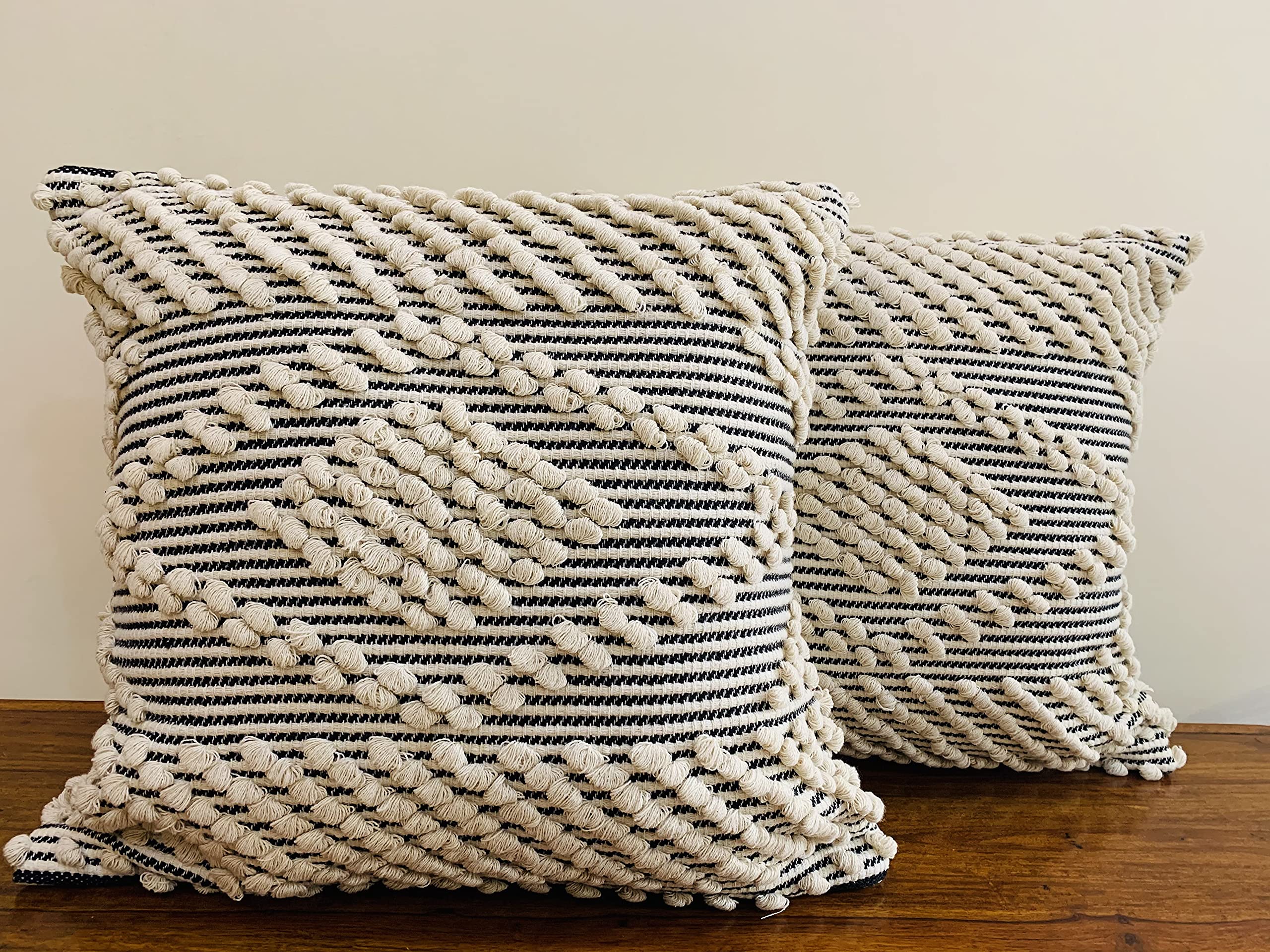 Boho Throw Pillow Covers Set of 2 - 18x18 Inch Handwoven Cotton Decorative Tassel Pillow Cases for Sofa, Bed & Living Room - Natural Tufted Hug Pillow Covers with Loop Handloom Design | Perfect for Bohemian Home Decor, Cozy Reading Nooks & Accent Pillows