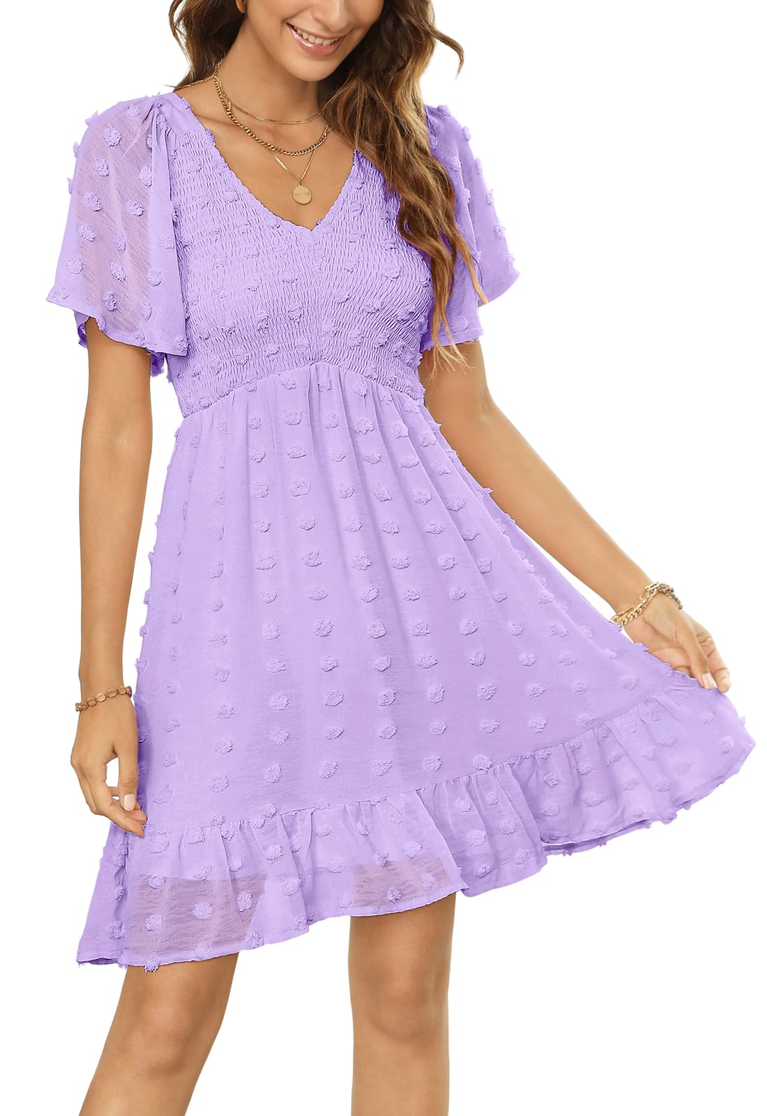 Annebouti Women's 2025 Spring Summer Mini Smocked Swiss Dot Dress - Short Sleeve Babydoll Casual Sundress for Beach, Picnic & Date Night