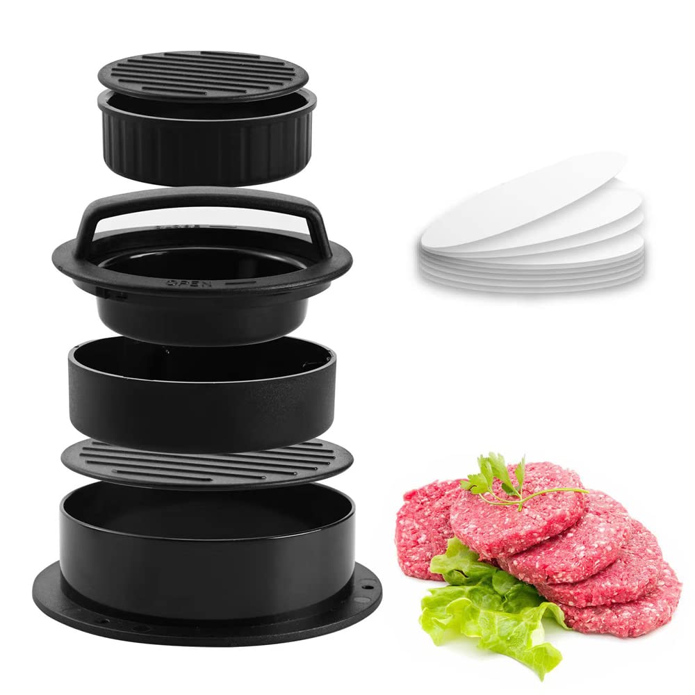 3-in-1 Non-Stick Hamburger Press Patty Maker with 100 Wax Papers - Create Perfectly Shaped Burgers for BBQ, Picnics & Family Gatherings