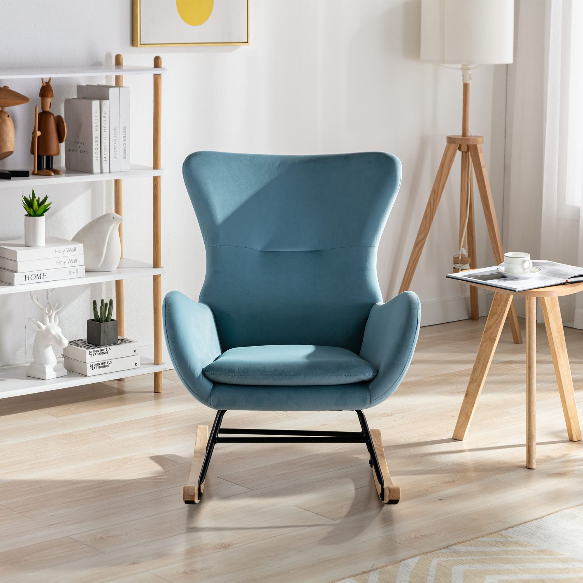 Velvet Fabric Rocking Chair with High Backrest & Armrests - Comfortable Nursery Rocker for Living Room, Bedroom, Balcony - Perfect for Adults & Kids Relaxation, Nursing, Reading & Lounging