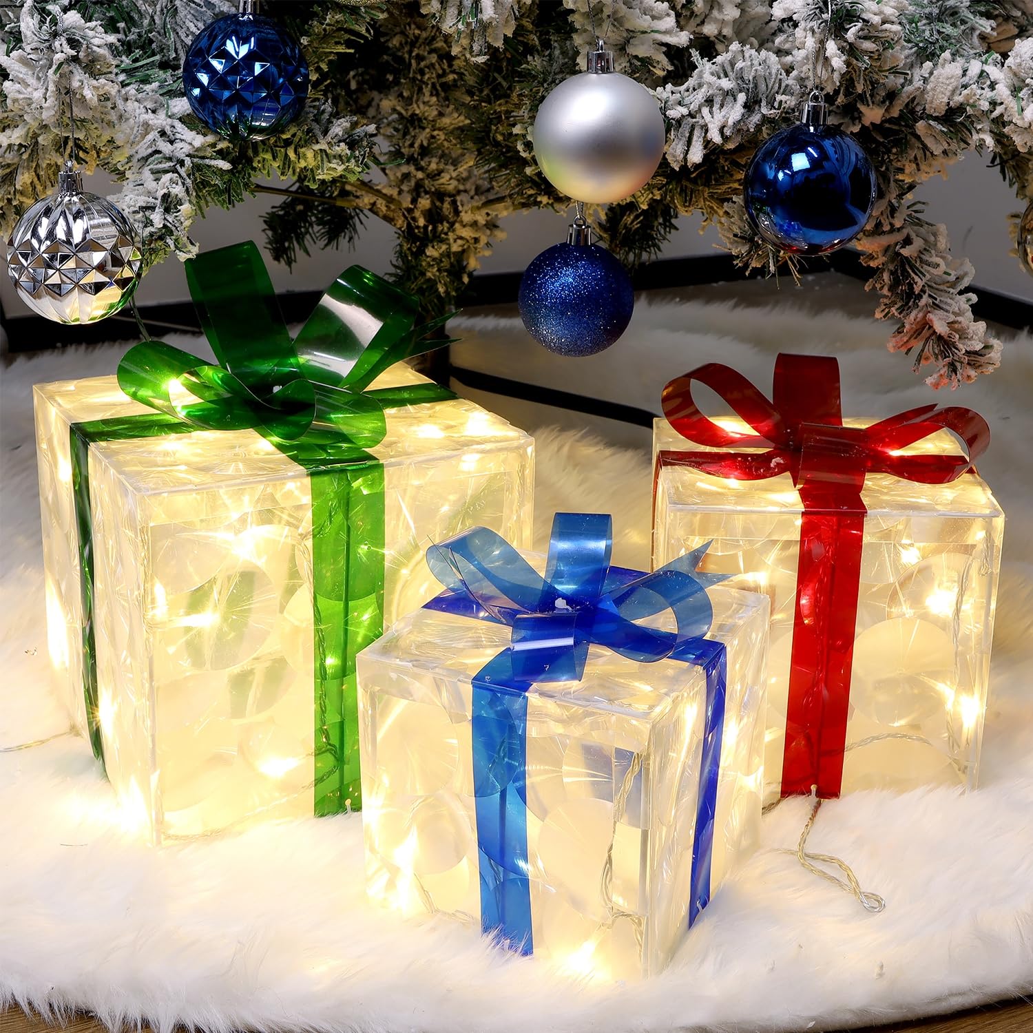 Set of 3 LED Lighted Gift Boxes - 60 Transparent Christmas Decorations for Home, Party & Holiday Display - Perfect for Tree Toppers, Table Centerpieces & Festive Gift Wrapping