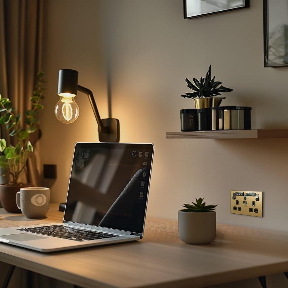 BG Evolve Satin Brass WiFi Extender with 13A Double USB Socket - PCDSB22UWRB - Perfect for Home Office and Smart Home Connectivity