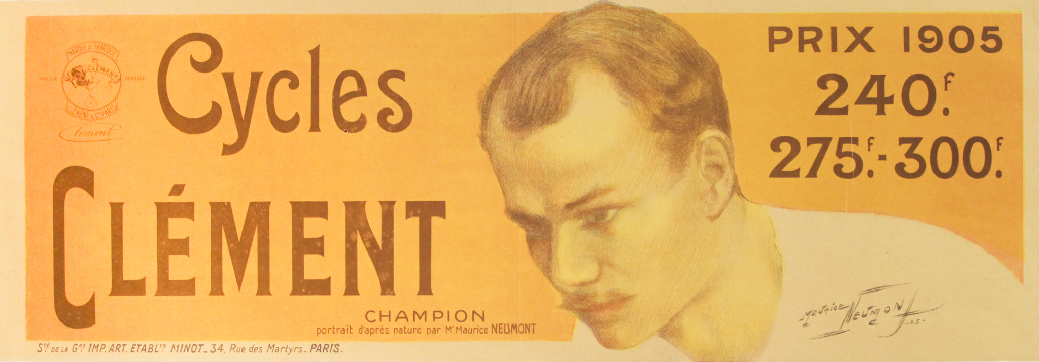 Original 1905 Vintage French Cycles Clement Tires Paris Advertisement Poster - Retro Cycling Decor for Home, Office & Bike Shop Wall Art