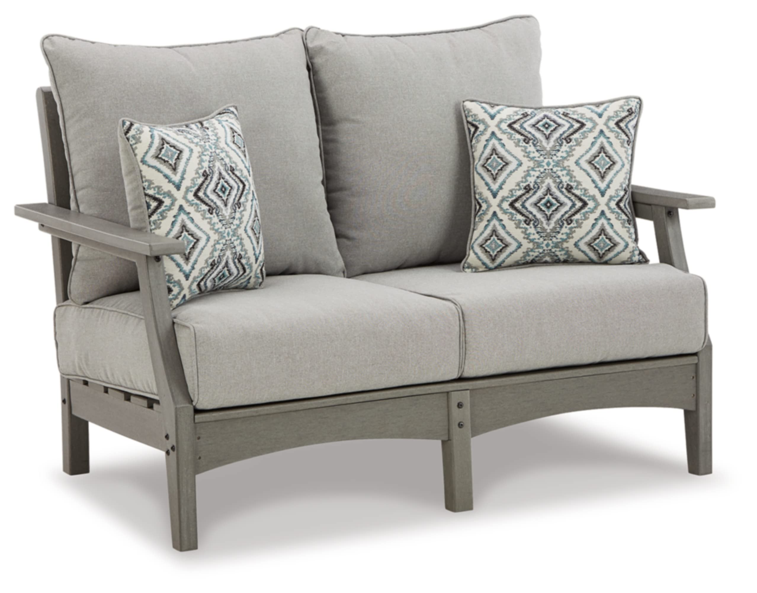 **Signature Design by Ashley Visola Patio Loveseat - HDPE Outdoor Furniture with Nuvella Throw Pillows, Gray - Perfect for Backyard, Garden & Poolside Relaxation**