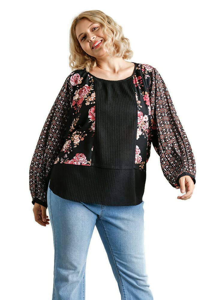 Umgee USA Women's Mixed Print Long Puff Sleeve Waffle Knit Top - Stylish Casual Blouse for Fall & Winter | Perfect for Office, Date Night & Weekend Outfits