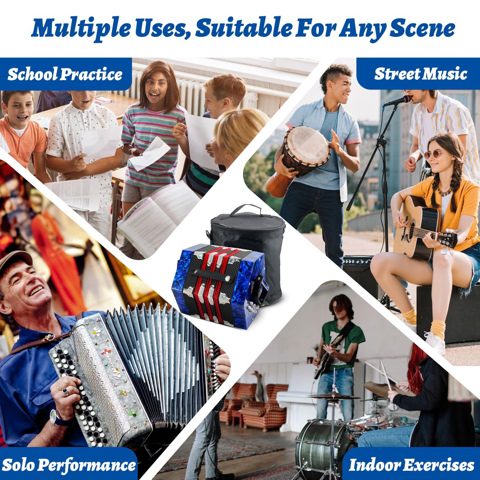 20-Key Professional Concertina Accordion for Adults & Beginners - Adjustable Hand Straps, Blue - Perfect for Music Practice, Performances & Travel