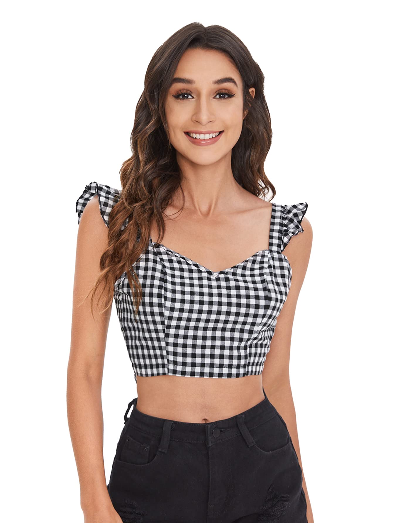 WDIRARA Women's Sexy V-Neck Ruffle Cap Sleeve Tie Back Blouse - Plaid Crop Top for Women (Black & White) | Casual Party Wear, Date Night Outfit, Summer Fashion Top