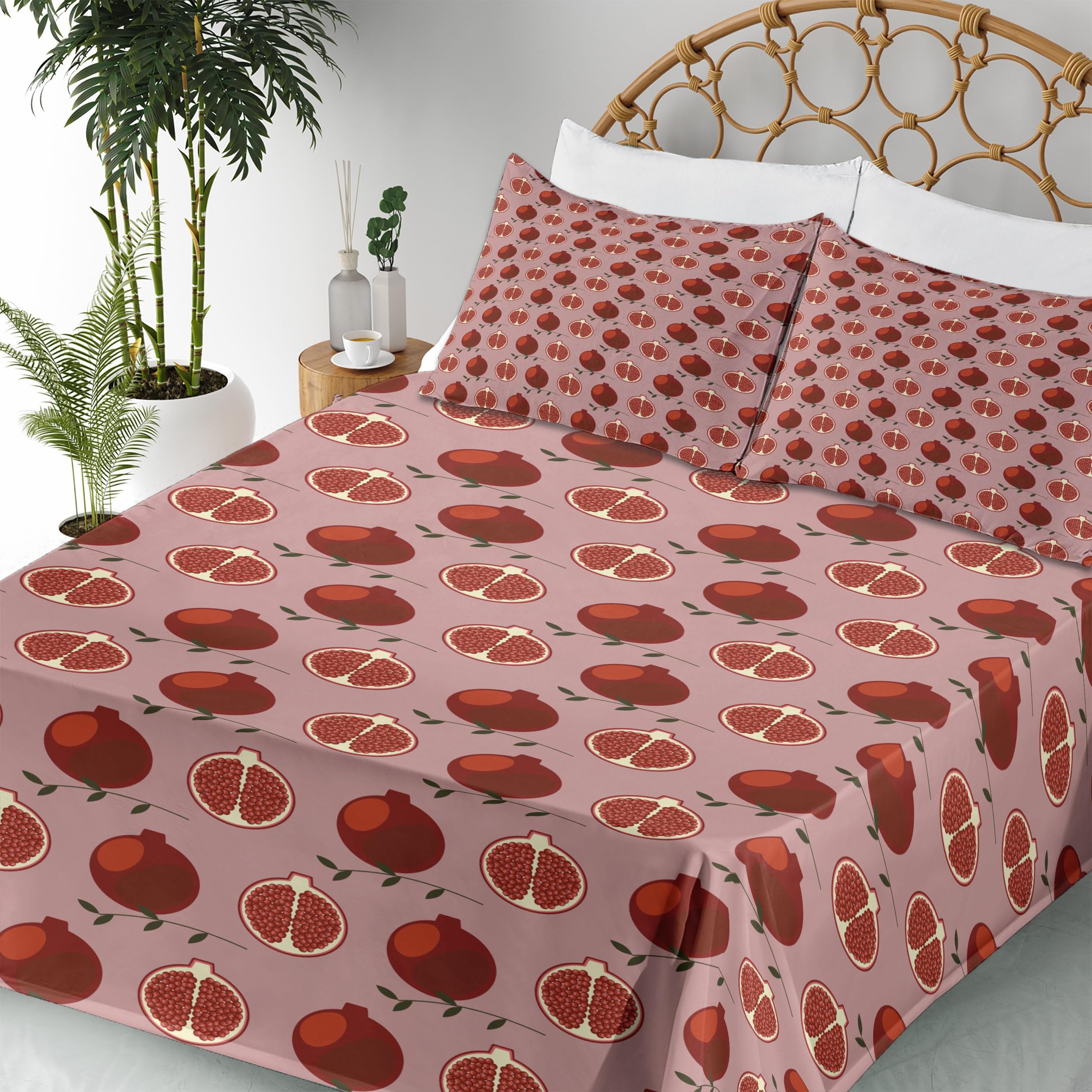 Ambesonne Pomegranate 4-Piece King Size Sheet Set - Juicy Fruit & Twig Pattern Bedding in Blush & Vermilion | Soft Cotton Blend for Comfortable Sleep | Perfect for Master Bedroom, Guest Room & Vacation Homes