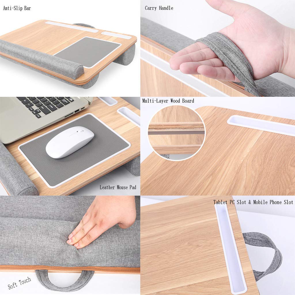 Adjustable Wooden Laptop Tray for Bed with Cushion Support - Built-in Mouse Pad & Wrist Rest for Notebook/Tablet - Includes Phone/Pen Holder for Writing & Reading (55x36.8x10cm) - Perfect for Home Office, Studying in Bed, or Relaxing with Laptop