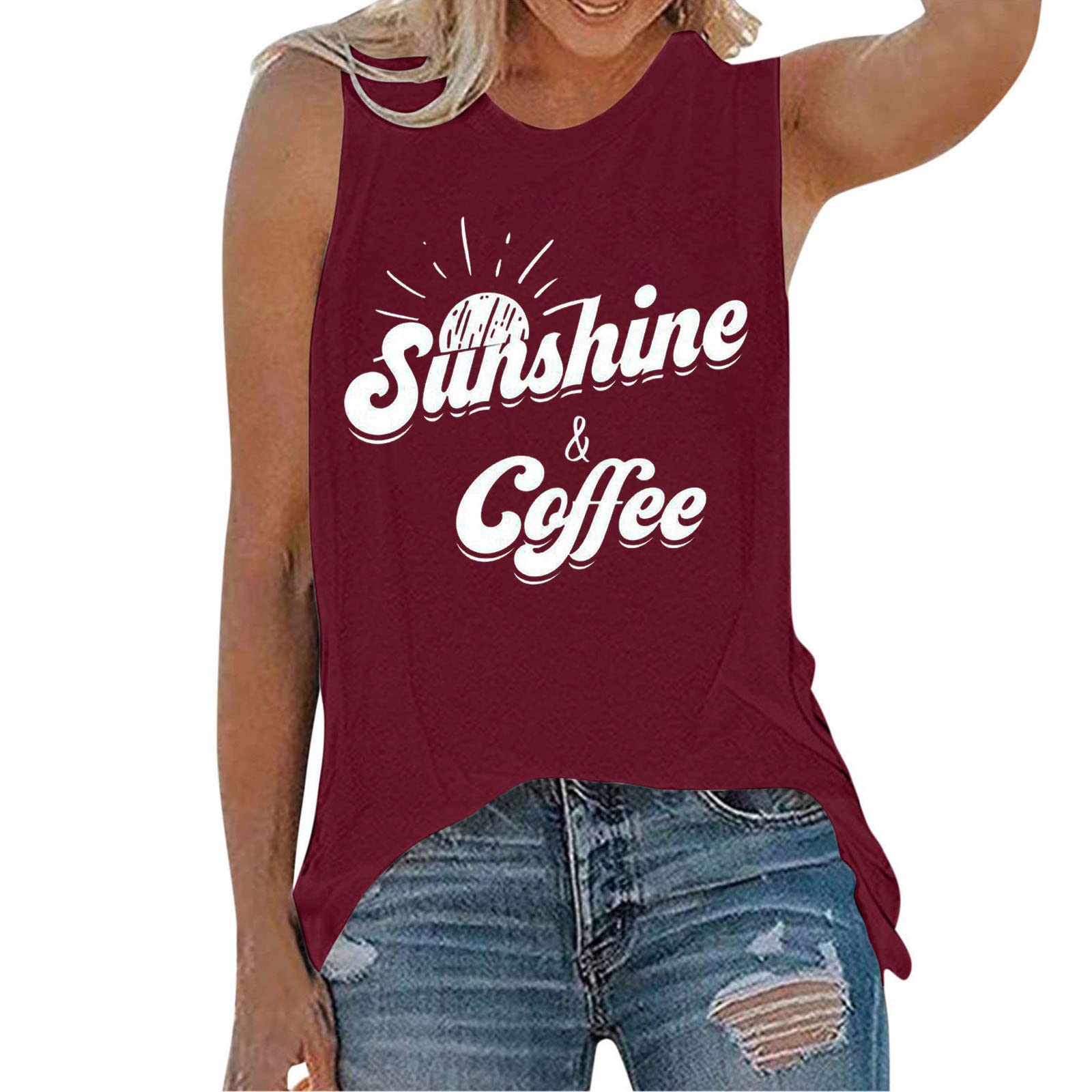 SNKSDGM Women's Sunshine and Coffee Sleeveless Tank Top - Cute Summer Graphic Tee, Crewneck Workout Shirt & Casual Blouse | Perfect for Gym, Beach & Everyday Wear
