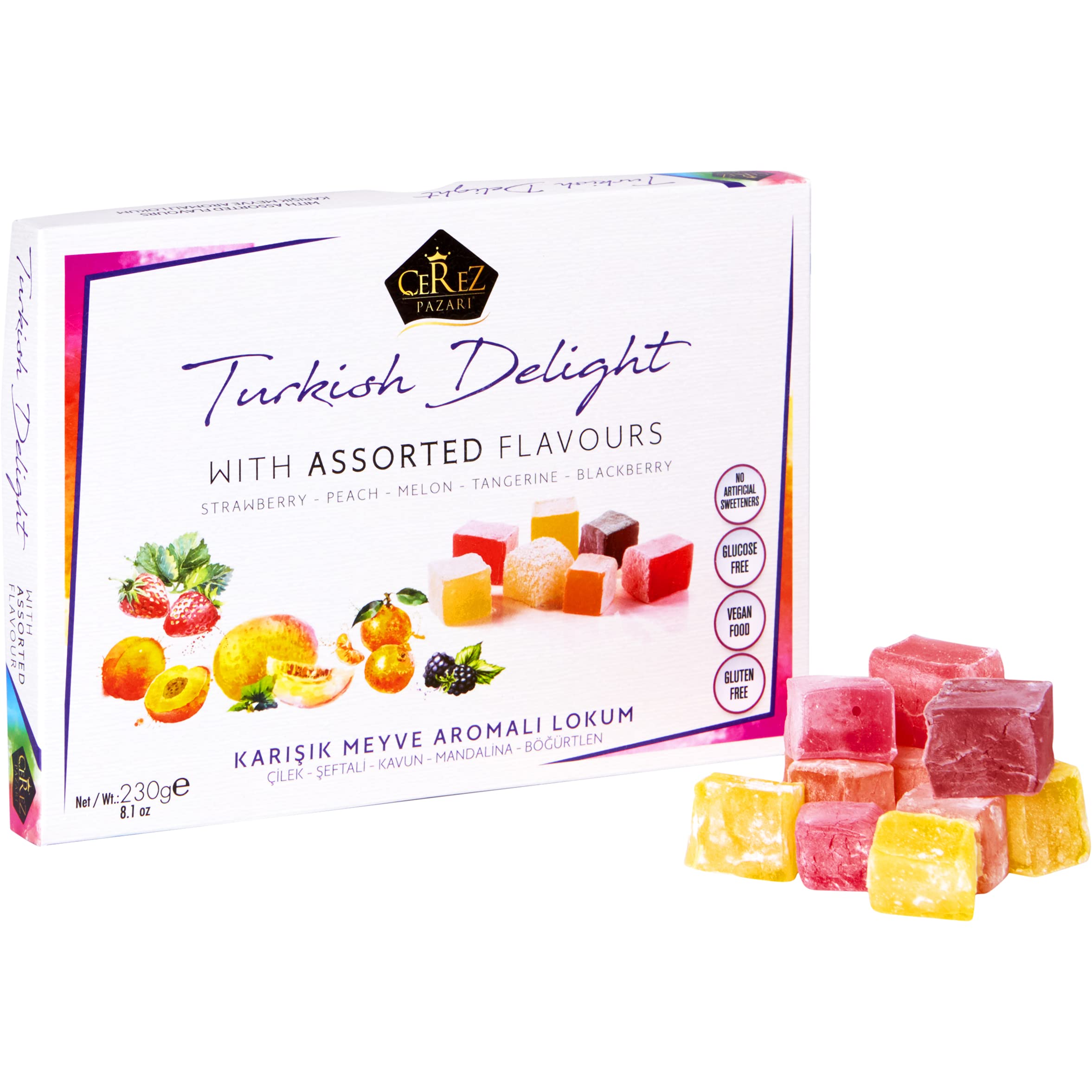 Premium Turkish Delights Candy Gift Box - Assorted Vegan Fruit Flavors, No Nuts, Traditional Lokum Sweet Treat (8.1 oz) | Perfect for Gifting, Parties & Dessert Platters