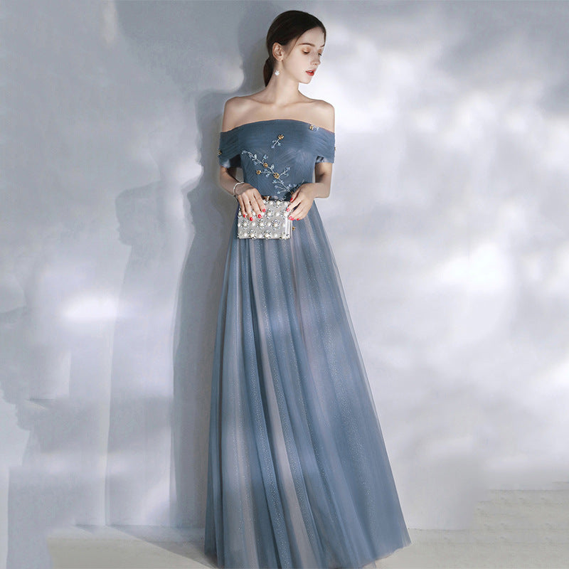 Elegant Off Shoulder Blue Tulle Prom Dress - A-Line Evening Gown for Formal Parties & Special Occasions | Perfect for Homecoming, Quinceañera & Wedding Guest Attire