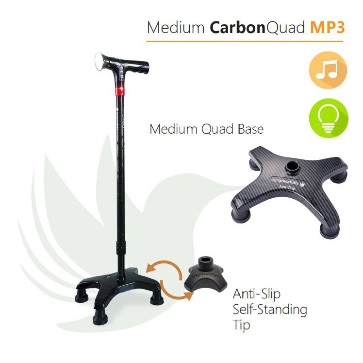 Smart Walking Cane with Medium Carbon Quad Base - Lightweight & Adjustable Mobility Aid for Seniors, Hiking, and Outdoor Activities