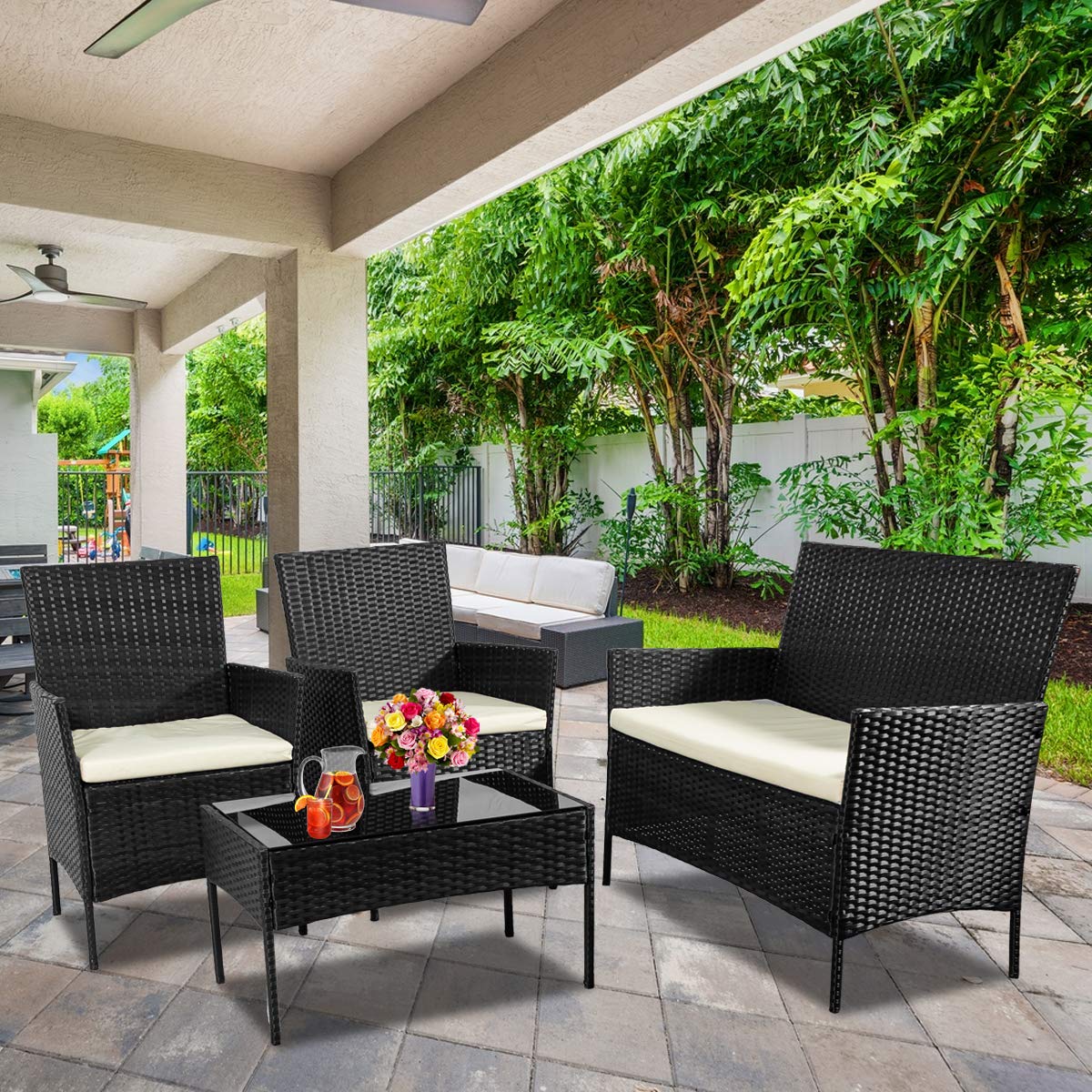 ZAZA 4-Piece Outdoor Patio Rattan Furniture Set with Cushions - Wicker Sofa & Coffee Table for Balcony, Garden, or Indoor Use - Black & Beige - Perfect for Relaxing, Entertaining, and Outdoor Dining
