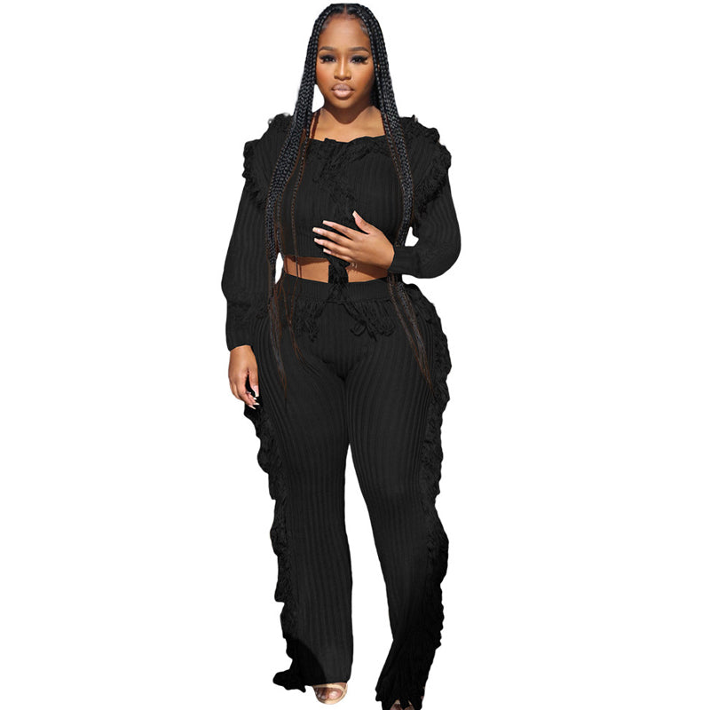 Solid Color Knitted Long Sleeve Fringe Suit for Women - Cozy Winter Outfit, Casual Office Wear & Holiday Party Fashion
