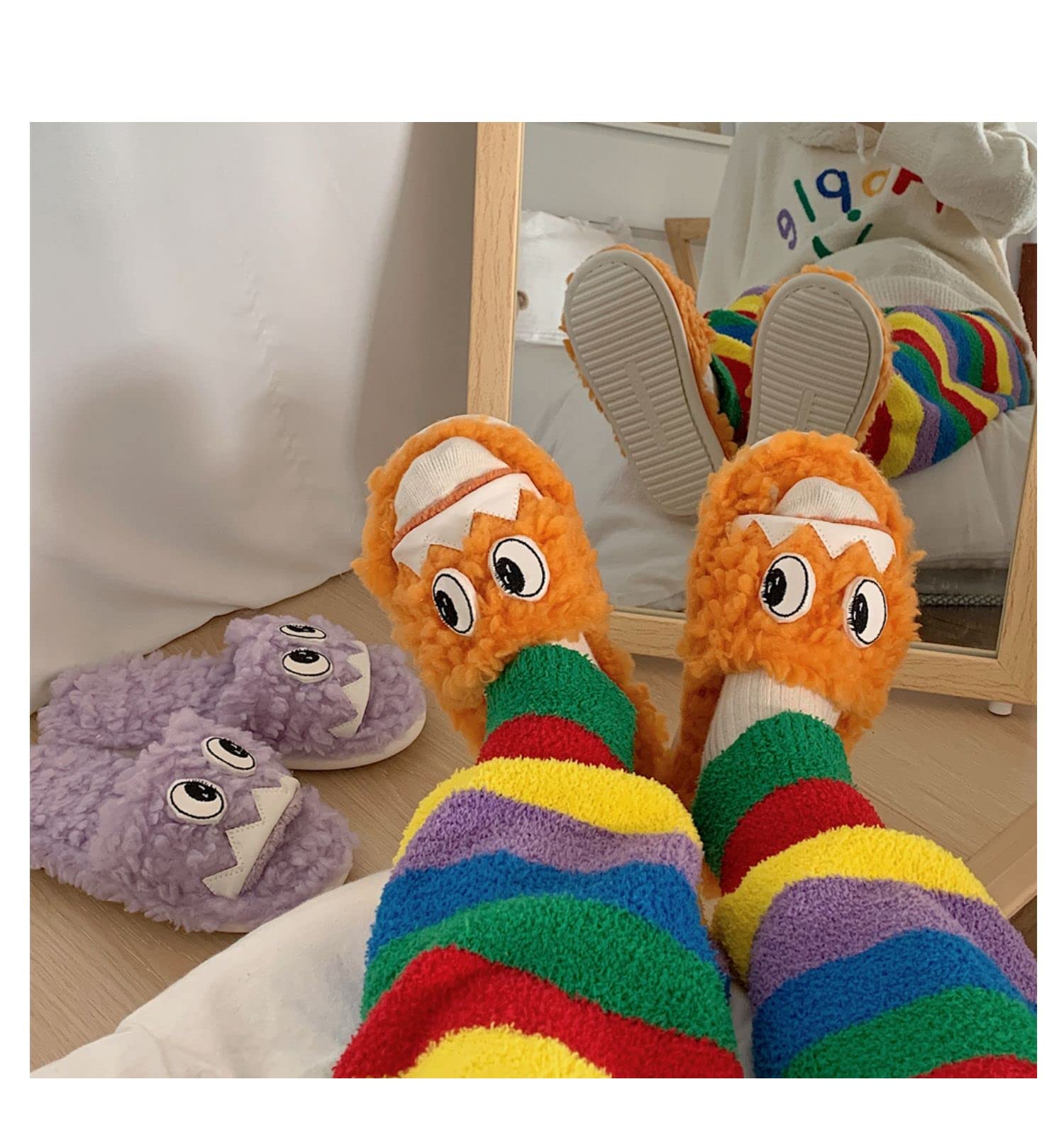 Funny Eyes Fuzzy Slippers for Women - Fluffy Kawaii House Slippers - Cute & Comfortable Indoor/Outdoor Slippers - Perfect for Home, Lounge & Gift Giving