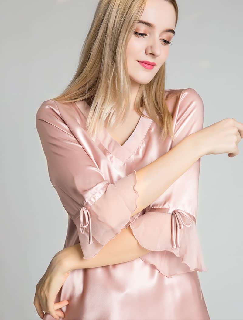 Orose Women's 100% Pure Mulberry Silk Pajama Set - V-Neck 3/4 Sleeve Sleepwear for Ladies | Soft & Breathable Nightwear for Relaxation, Travel & Special Occasions