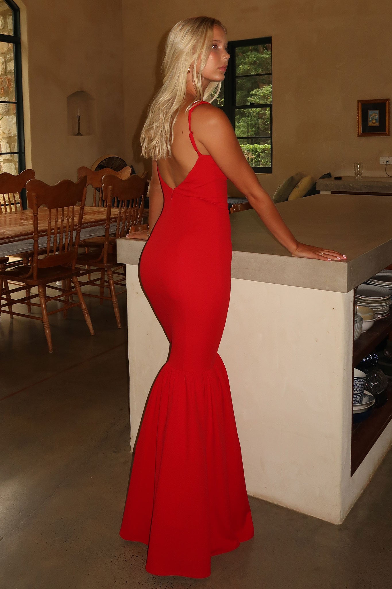 Emberly Women's Maxi Dress - Flowy Long Summer Dress with V-Neck & Side Slits, Red - Perfect for Beach, Vacation, and Casual Outings