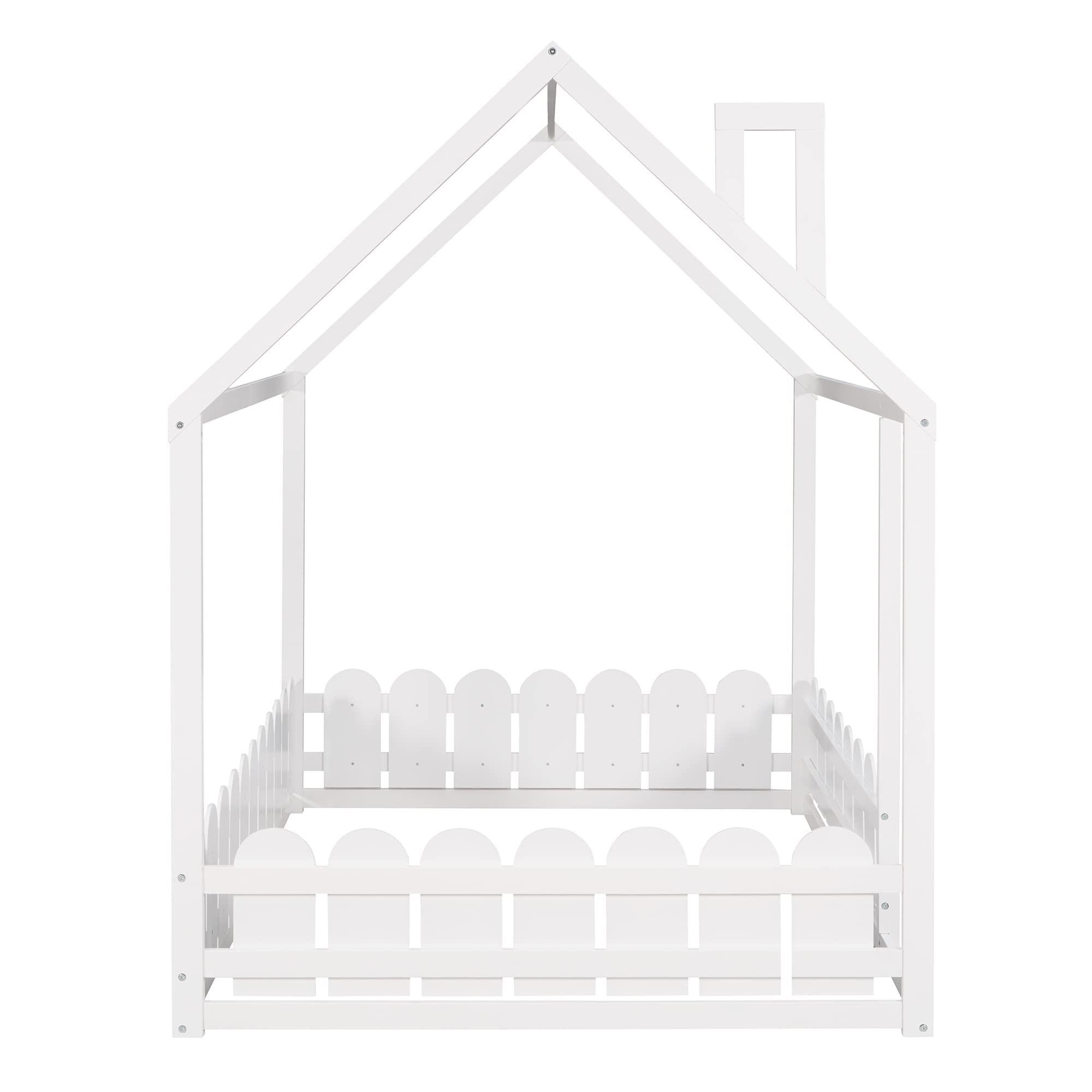LZ LEISURE ZONE Full Size Wooden House Bed Frame with Roof & Fence - White - Kids Playhouse Bed for Bedroom, Nursery or Playroom Decor