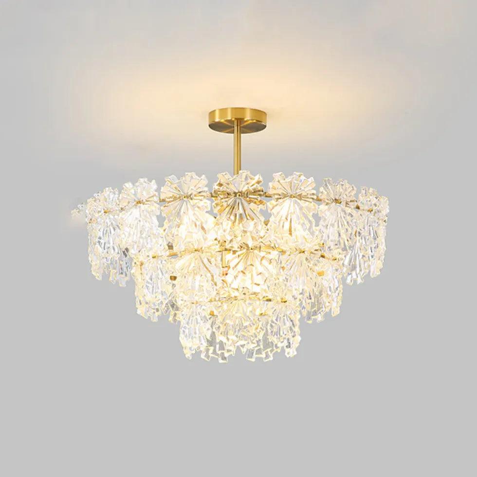 Elegant Snowflakes Multilayer Glass Gold Chandelier - Crystal Ceiling Light Fixture for Dining Room, Bedroom & Living Room Decor