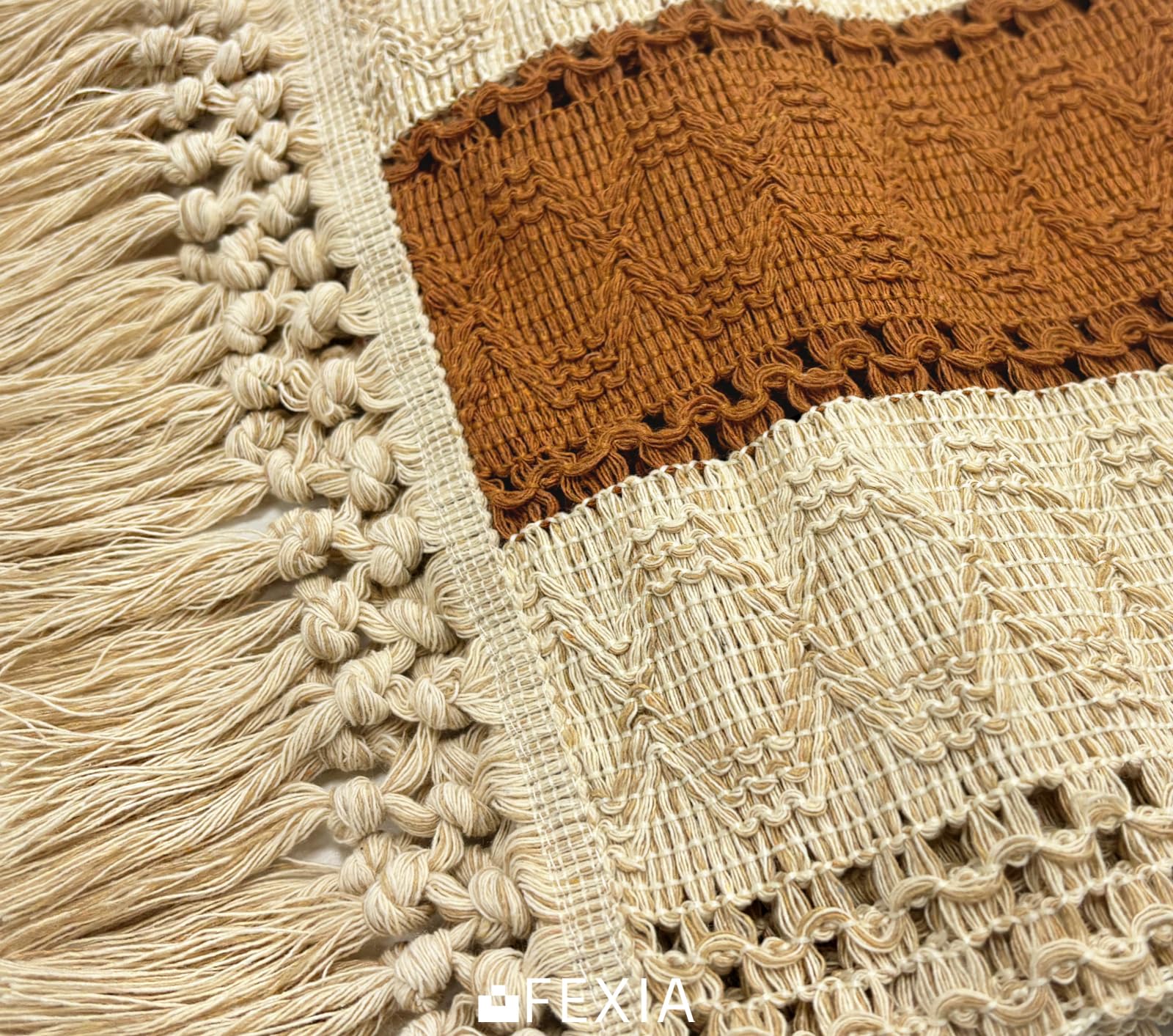 FEXIA 90 Inch Macrame Table Runner with Tassels - Bohemian Farmhouse Style Dining Decor for Wedding, Bridal Shower & Party | Rustic Brown (12x90 Inches) | Perfect for Boho Chic Home, Outdoor Picnics & Holiday Tablescapes