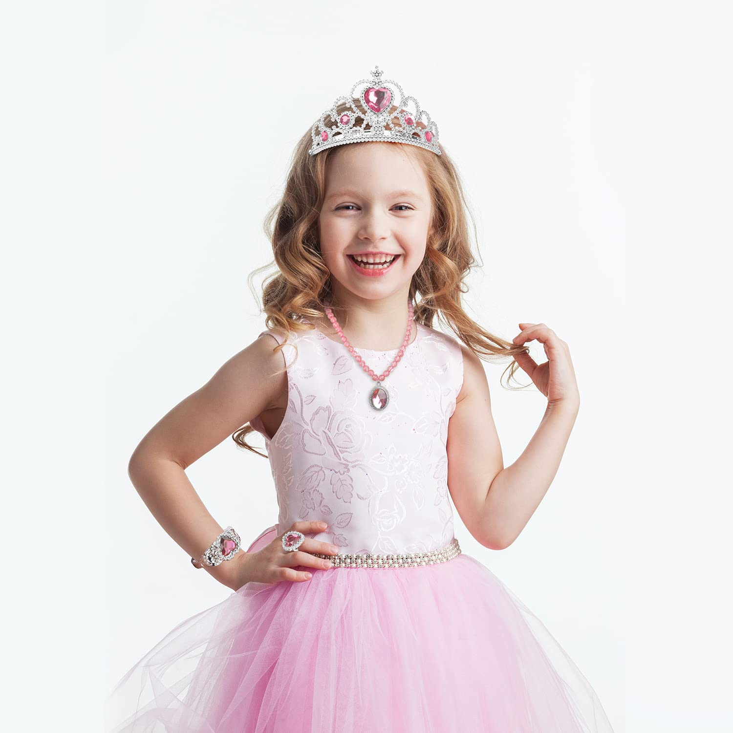 Royal Princess Dress Up Party Set - Gloves, Tiara, Magic Wand, Necklace, Earrings, Bracelet & Ring (9-Piece Pink Costume Accessories Kit) | Perfect for Birthday Parties, Halloween, Dress-Up Play & Themed Events