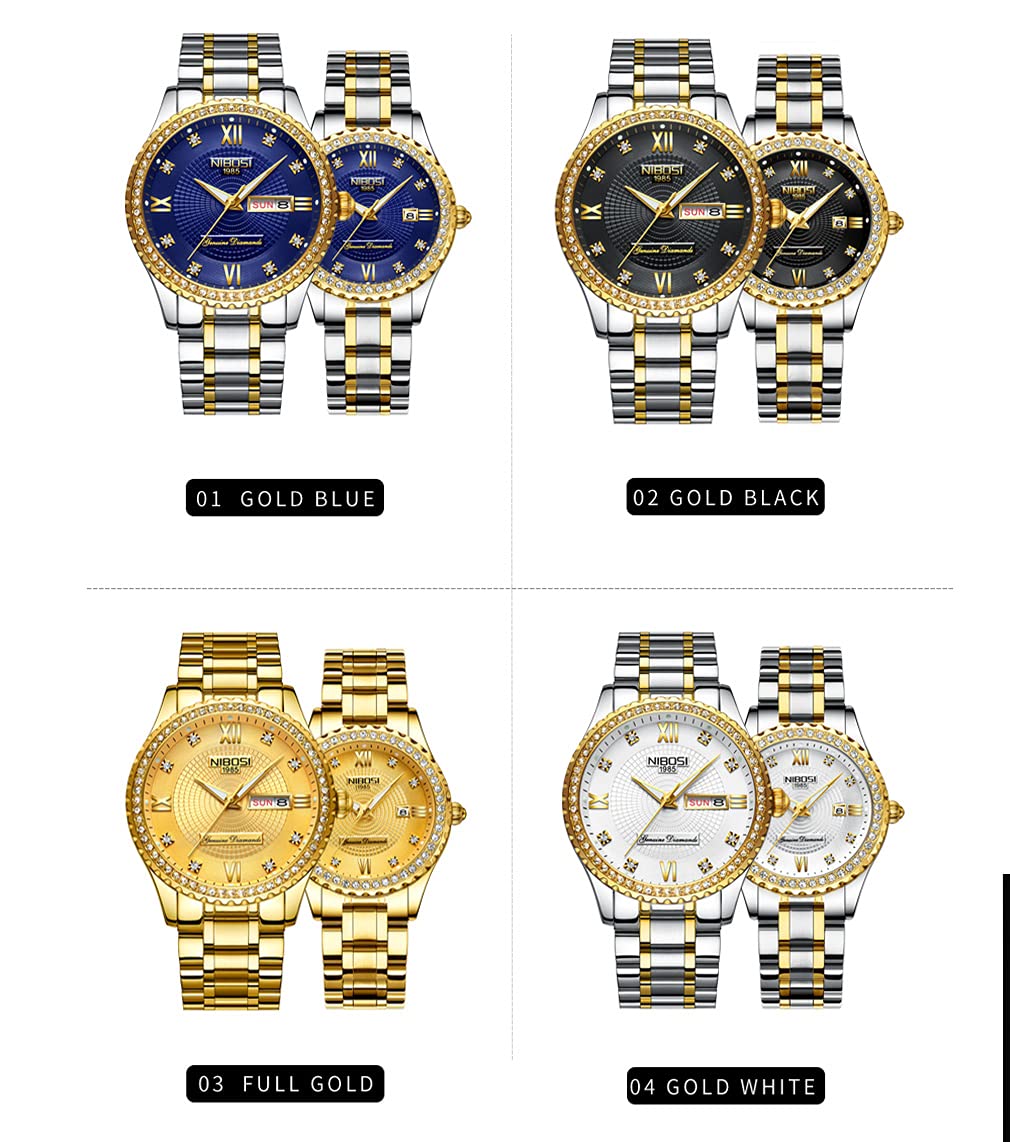 NIBOSI Luxury Diamond Couples Watches - His and Hers Matching Set, Waterproof Quartz Analog Day Date Wristwatch for Husband Wife, Valentine's Wedding Anniversary Gifts, Perfect for Romantic Dates & Special Occasions