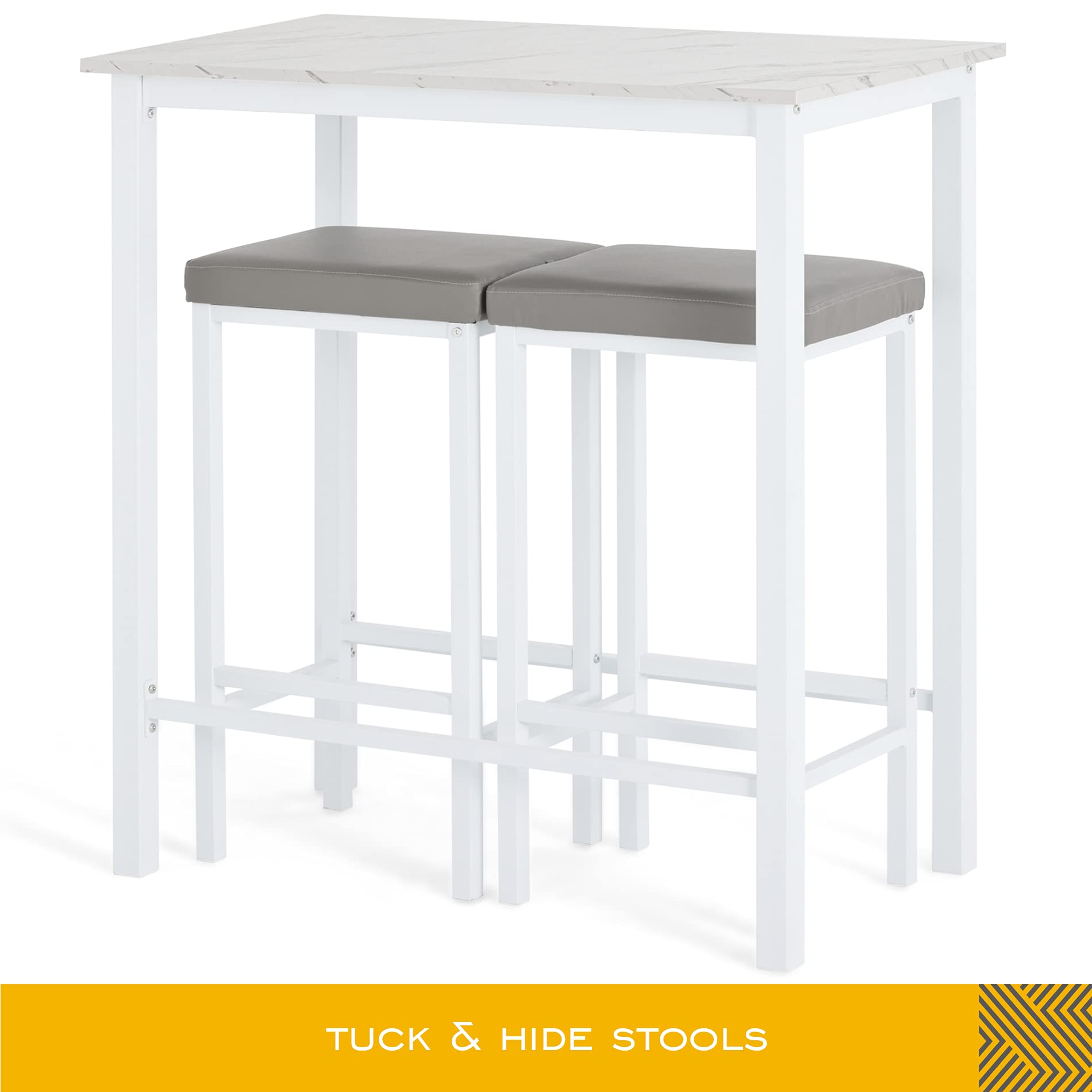 White Bar Height Dining Table Set for 2 - 3-Piece Pub Counter Height Kitchen Table with 2 Backless Cushioned Stools - Faux Marble Breakfast Nook for Small Spaces & Apartments - Perfect for Kitchen, Dining Room, or Breakfast Nook Decor