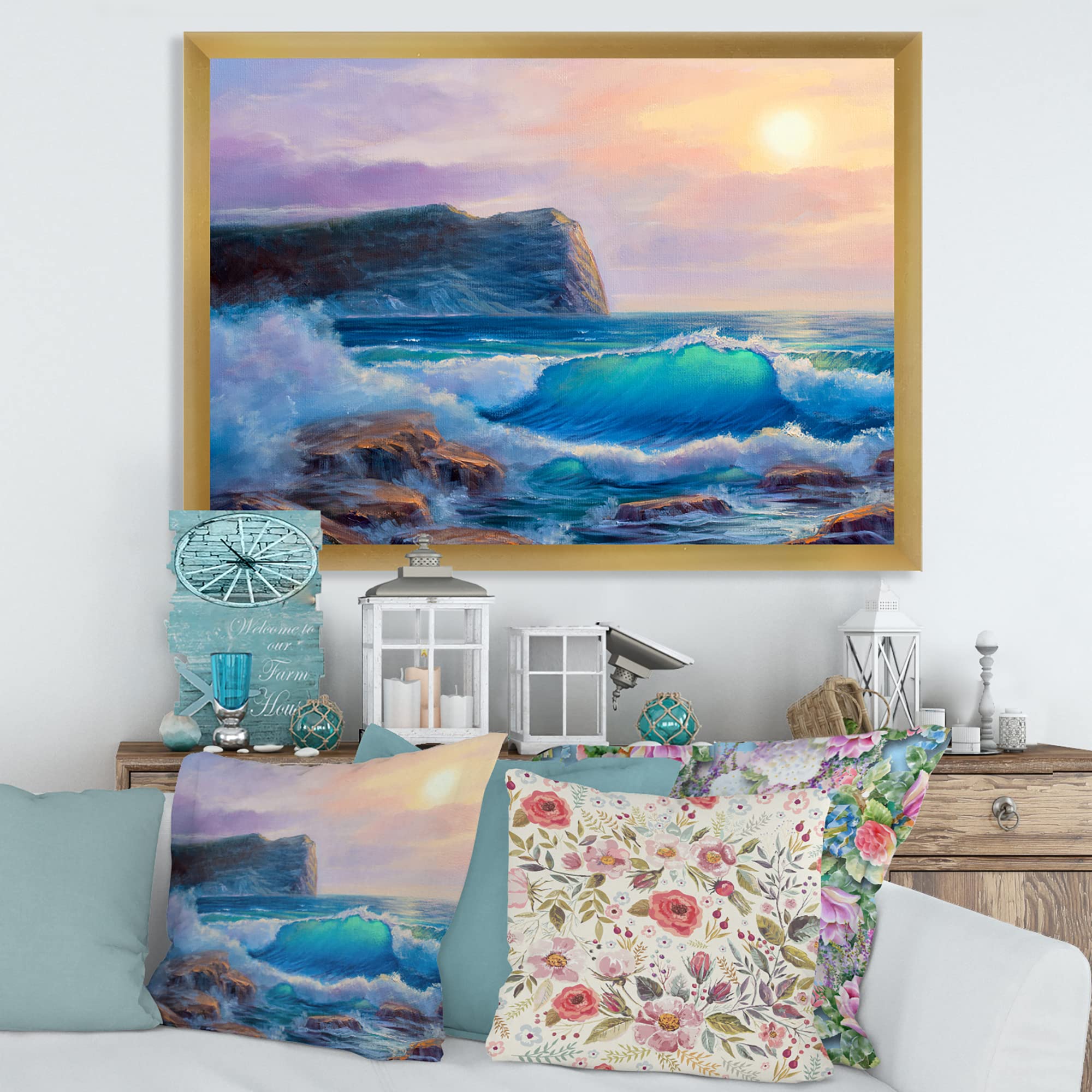 DesignQ Blue Waves Breaking At The Beach III - Coastal Framed Wall Art for Living Room, Bedroom & Office Decor | Nautical Home Decor | Ocean Themed Painting