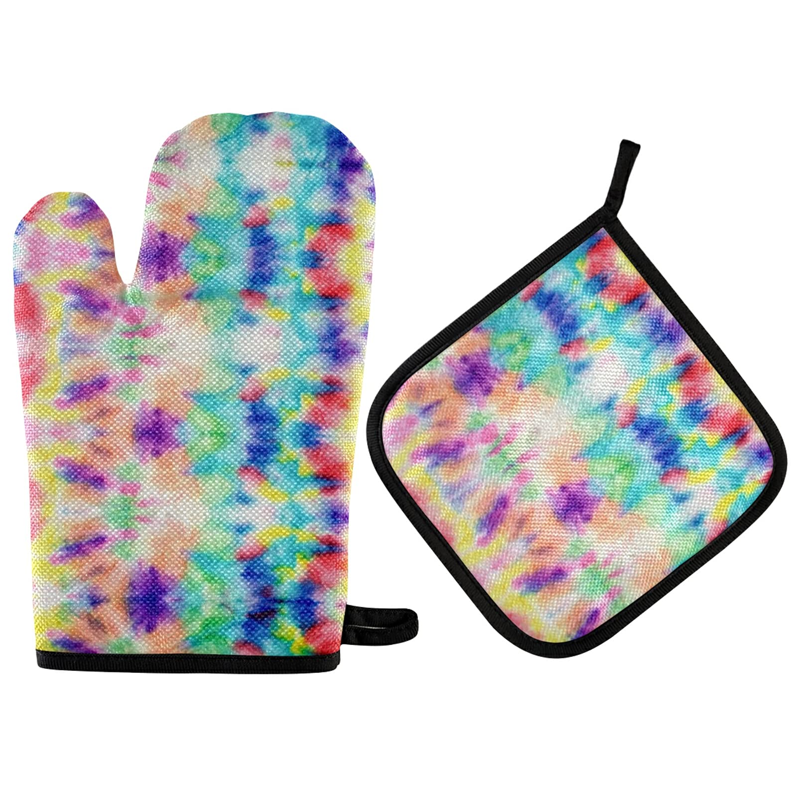 Aflyko Heat Resistant Oven Mitt & Pot Holder Set - Rainbow Tie Dye Stripes Kitchen Gloves for Baking, BBQ, Grilling - Perfect for Home Cooking & Festive Kitchen Decor (2-Piece Gift Set)
