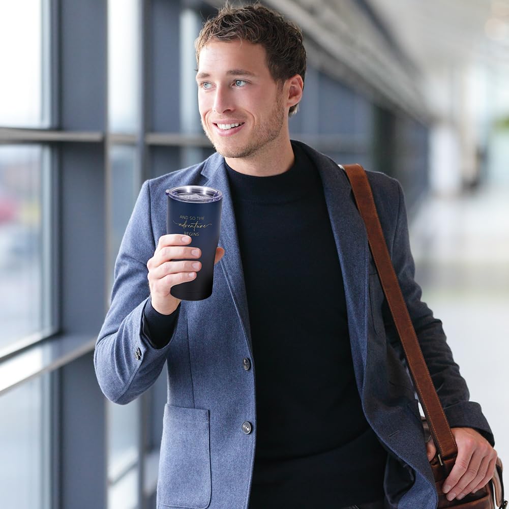 Adventure Begins Tumbler - Vacuum Insulated Stainless Steel Travel Mug with Straw for Graduation, New Job Gifts (Midnight) - Perfect for Coffee, Tea & Cold Drinks on the Go