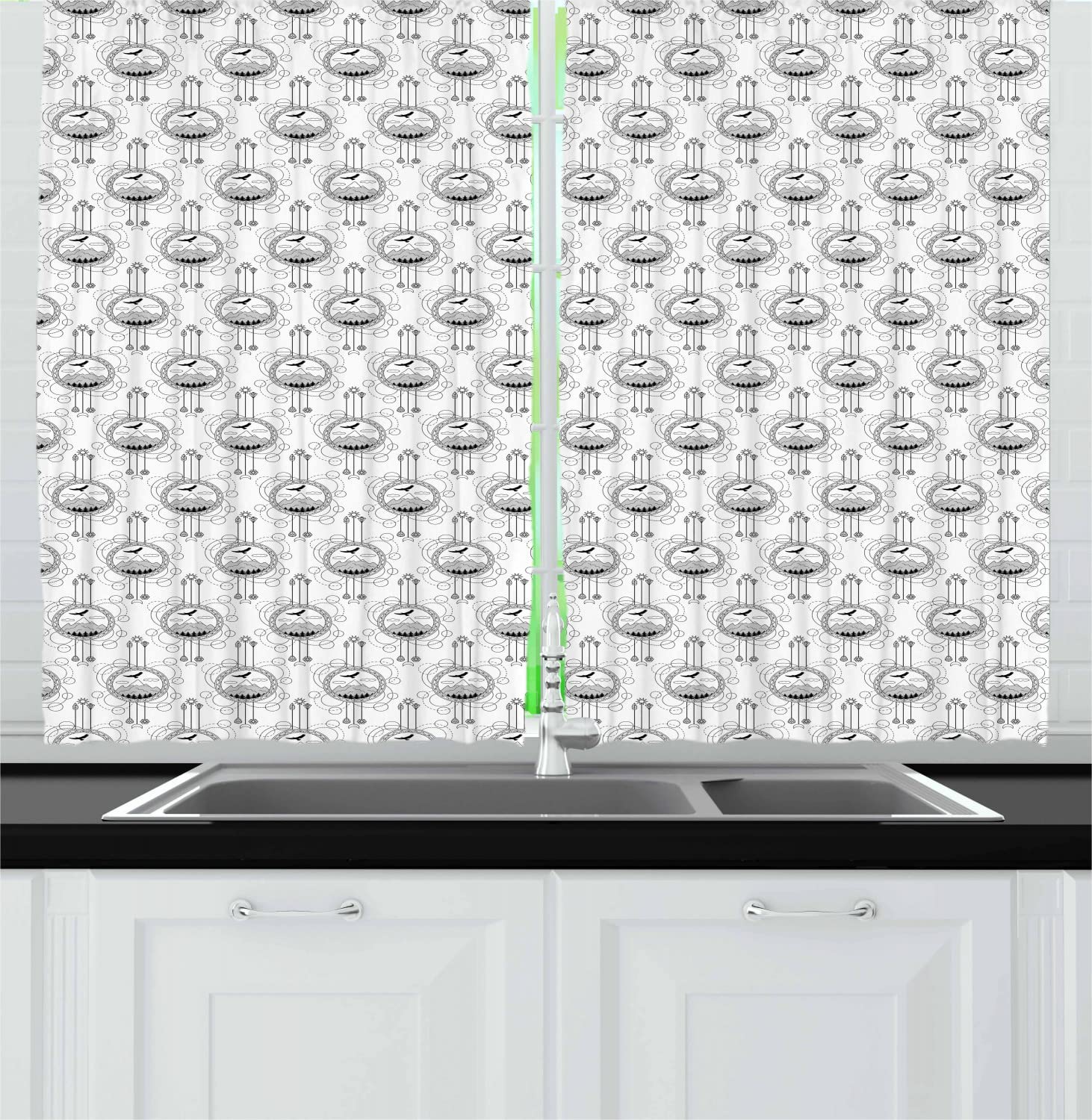 Ambesonne Tattoo Long Kitchen Curtains - Abstract Mountain Tree Eagle Design - Black White Grey Outdoor Adventure Drapes - 55x45 Inch Rod Pocket Panels - Perfect for Cabin, RV & Wilderness Themed Decor