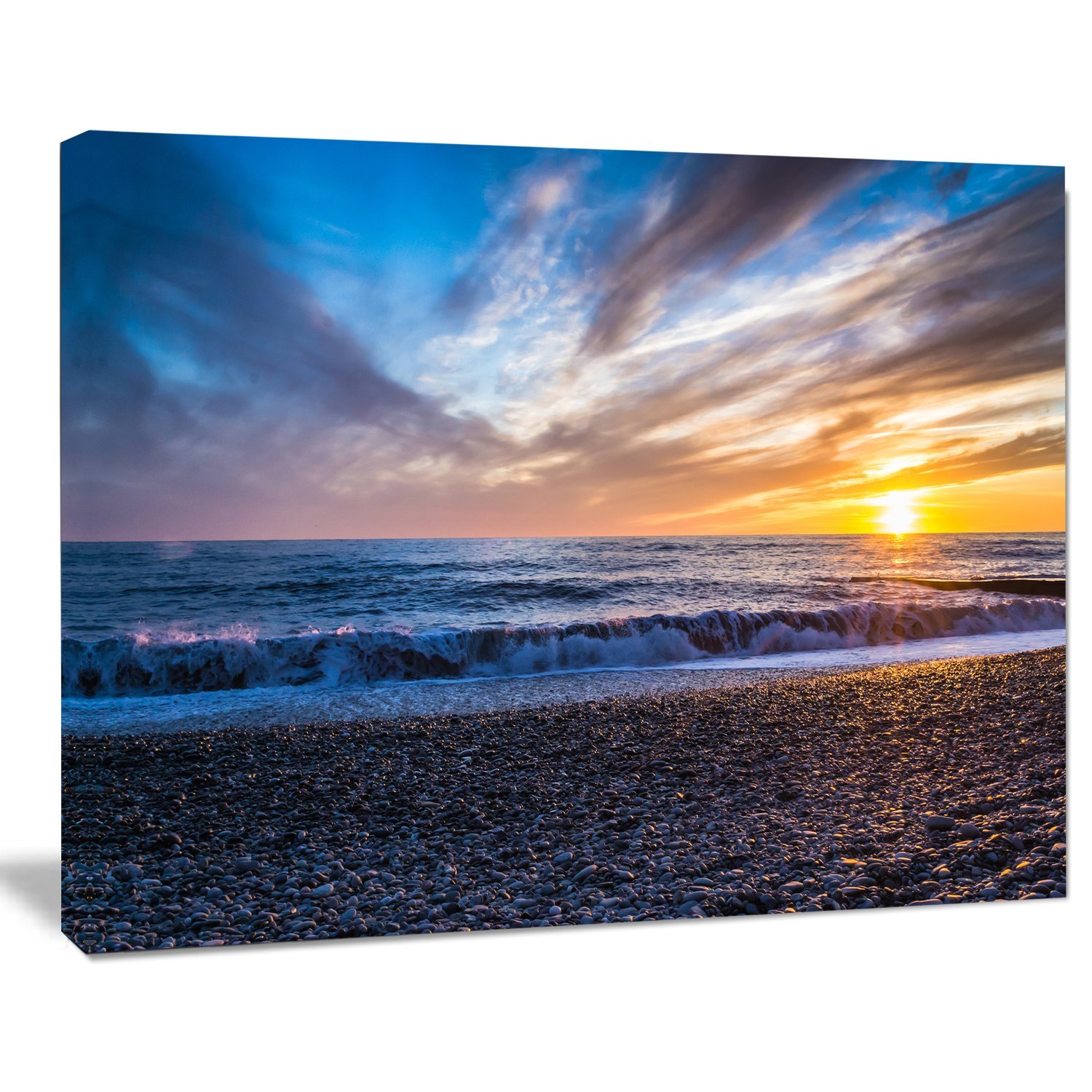 Cloudy Sky with Bright Yellow Sun Beach Photo Canvas Print - Blue Ocean Wall Art for Living Room, Bedroom & Office Decor