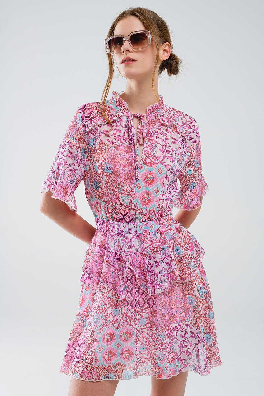 Abstract Print Short Robe and Ruffled Skirt in Pink Shades - Perfect for Casual Wear, Loungewear, and Beach Cover-Ups