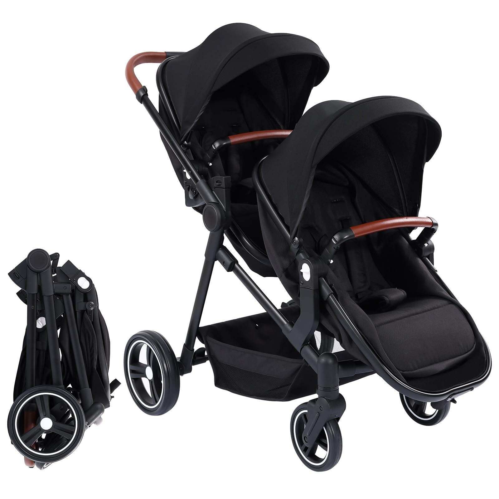 Double Stroller for Infants and Toddlers | Foldable Tandem Baby Stroller with Reversible Seat & Bassinet | Large Storage Basket, Adjustable Canopy & Backrest | Perfect for Twins, Siblings or Newborns | Ideal for Shopping, Travel & Daily Walks (Black)