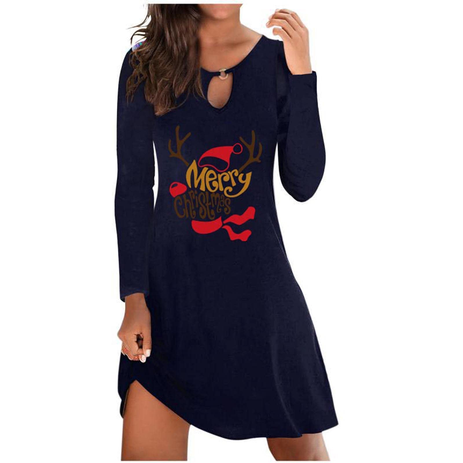 Jsarle Women's Long Sleeve Flare Swing Dress - Christmas Santa Claus Printed Midi Dress for Casual, Party & Wedding Guest | Perfect for Holiday Gatherings, Office Parties & Festive Occasions