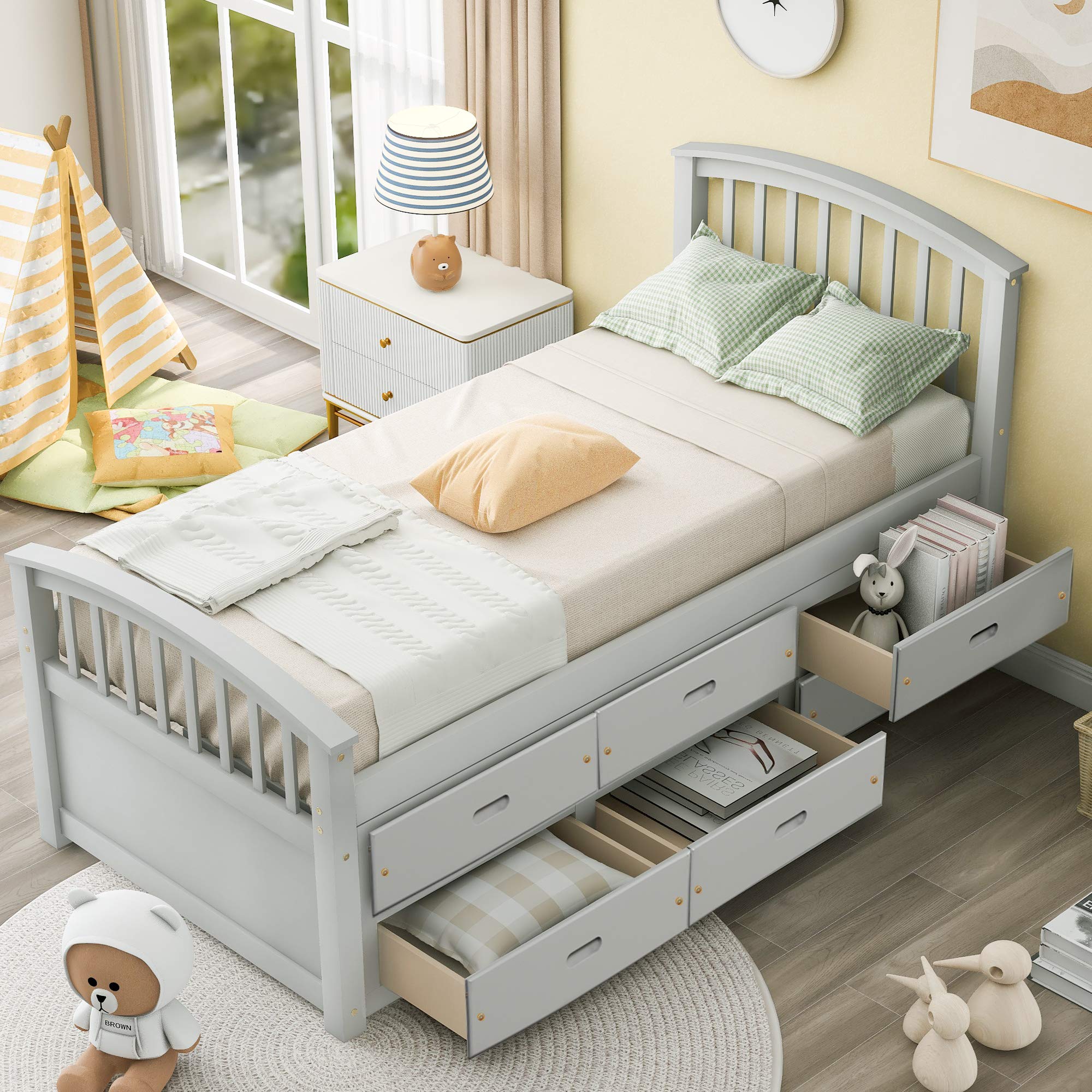 SOFTSEA Twin Captain's Bed with Storage - Gray Wood Platform Bed for Kids & Teens - Space-Saving Guest Room Solution