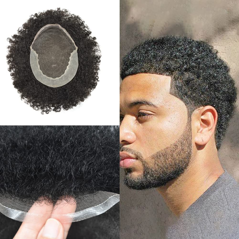 Brazilian Human Hair Toupee for Black Men - Afro Curly Lace Front Wig 8x10 Inch (1B# Off Black) - 4mm Wave Natural Hair Replacement System for African American Men | Perfect for Daily Wear, Special Occasions & Hair Loss Solutions