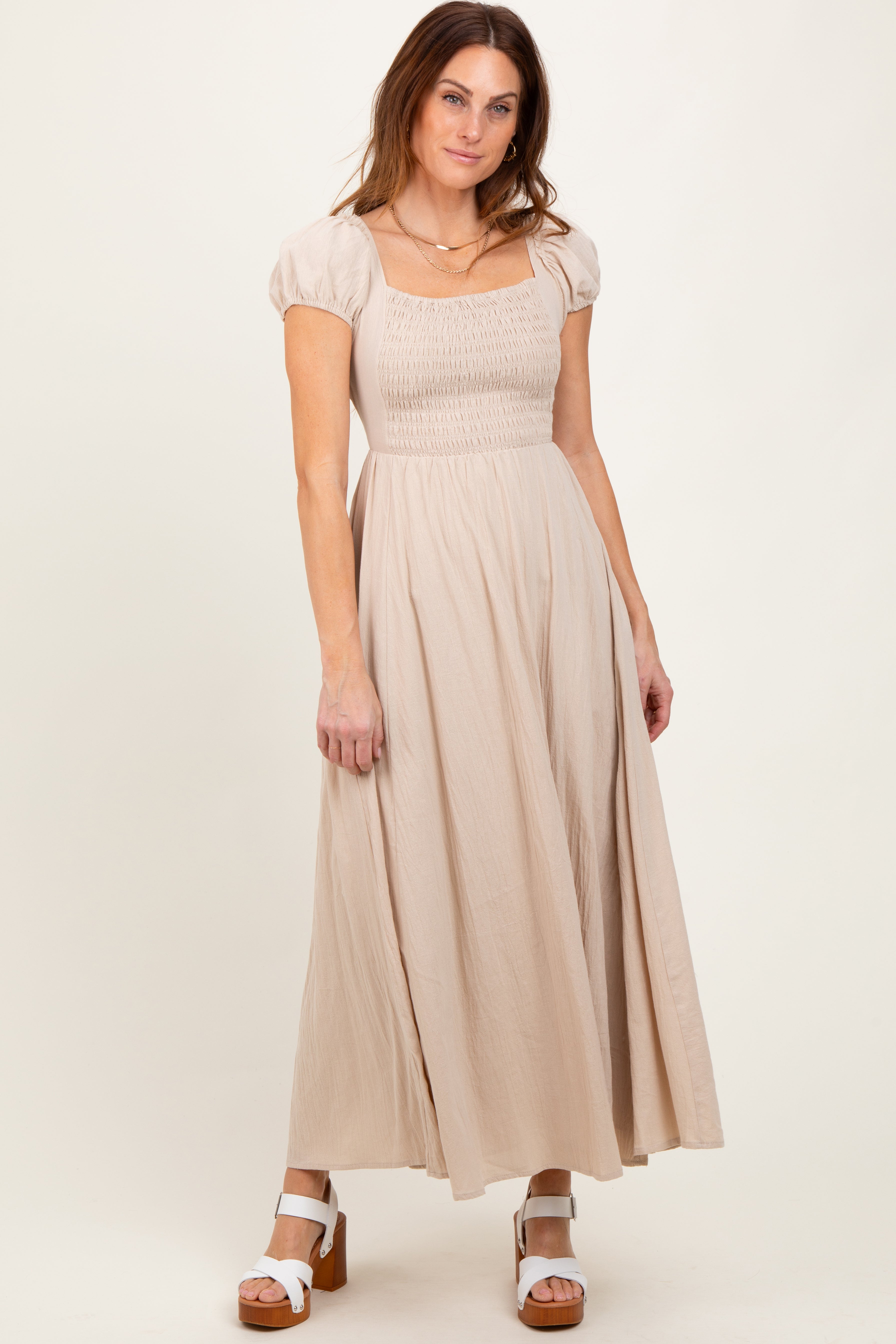 Beige Square Neck Smocked Maternity Maxi Dress with Criss Cross Back Tie - Perfect for Pregnancy Photos, Baby Showers & Summer Maternity Wear