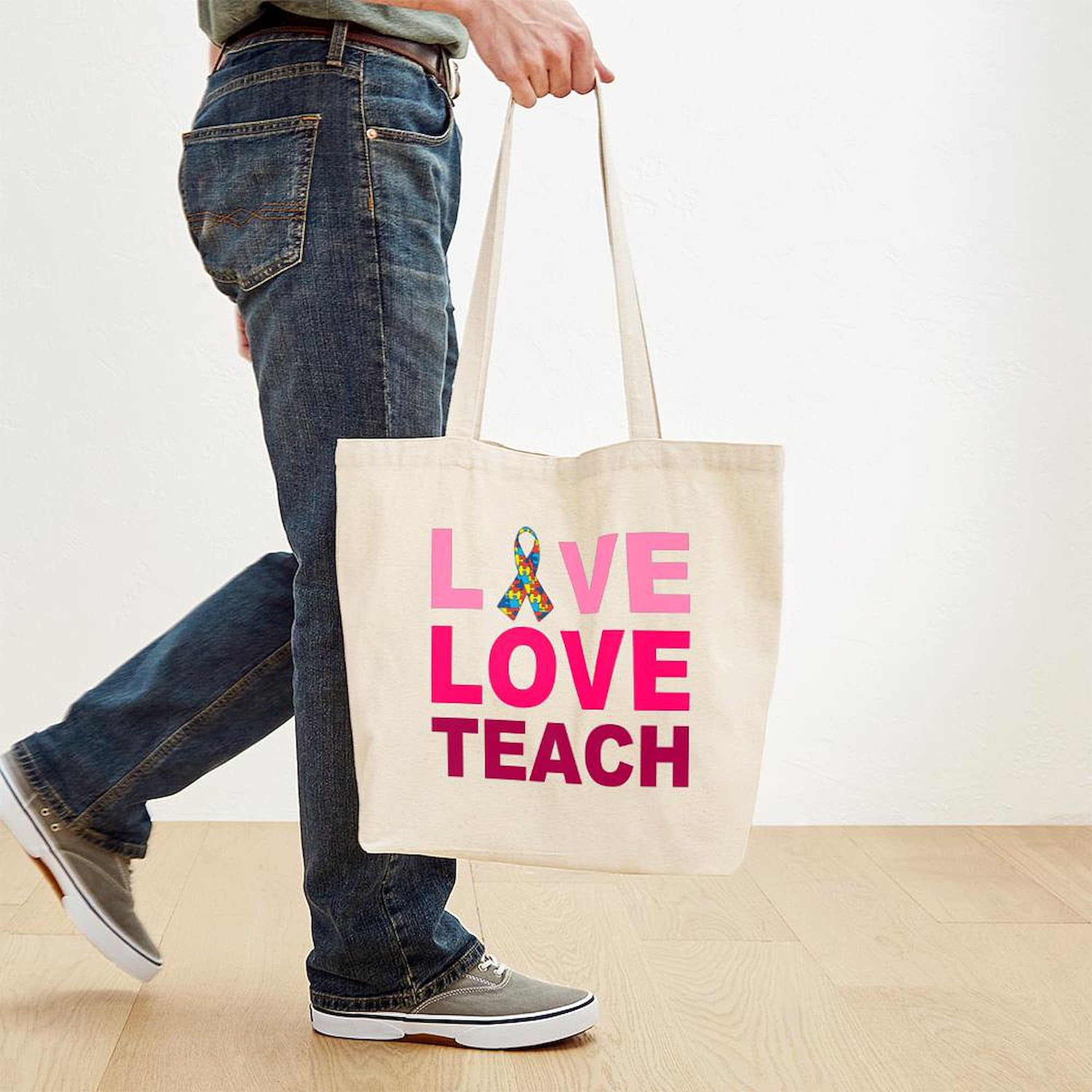 Live Love Teach Autism Tote Bag - Natural Canvas Reusable Shopping Tote for Teachers, Parents & Advocates - Perfect for School, Groceries & Autism Awareness Events