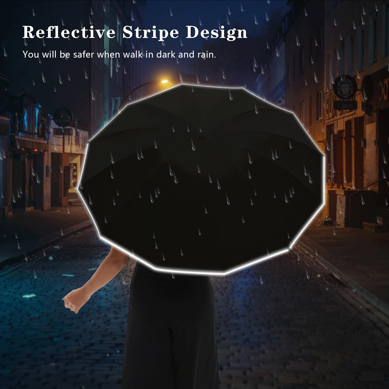 Large Double-Ribs Windproof Umbrella with Reflective Strips - Automatic Reverse Folding Compact Travel Umbrella for Rain & Sun Protection - Perfect for Commuting, Walking Dogs & Outdoor Activities