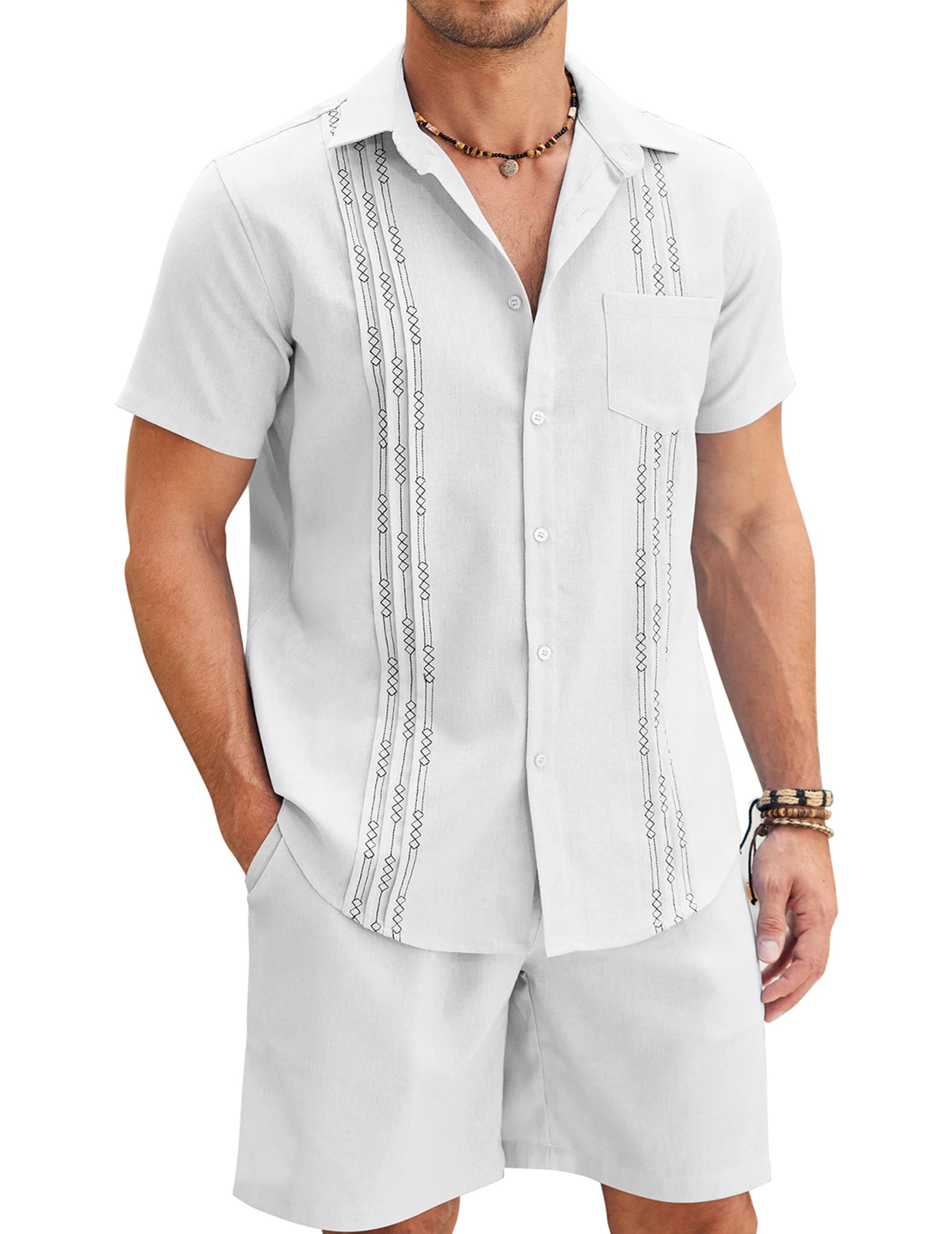 COOFANDY Men's 2-Piece Beach Short Set - Stylish Guayabera & Shorts for Vacation, Resort Wear | Perfect for Summer Outfits, Pool Parties & Tropical Getaways