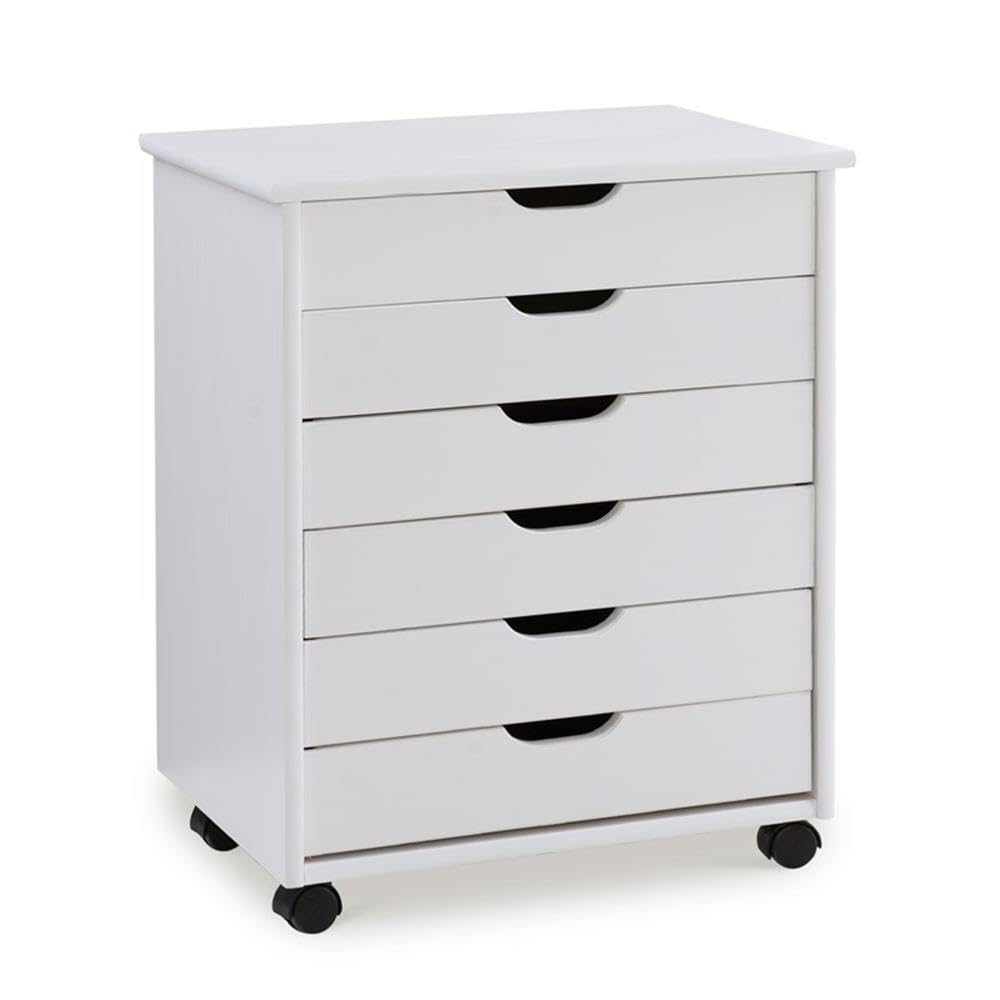 White Washed 6-Drawer Wide Wooden Rolling Cart - Perfect for Kitchen, Bathroom, Office & Craft Room Storage Organization