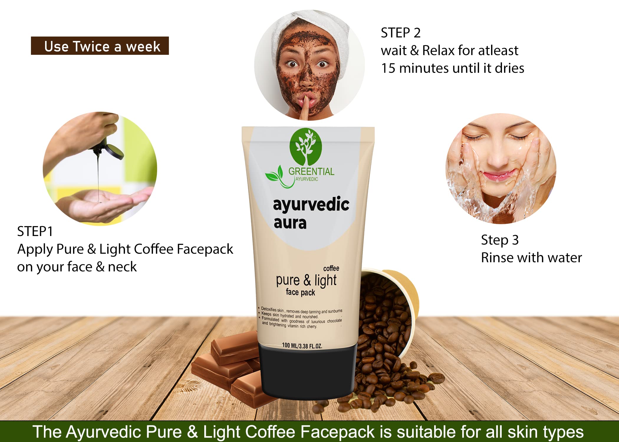 GREENTIAL AYURVEDIC Aura Coffee Face Pack 100ml - Cocoa, Coffee & Aloe Vera Infused for Deep Cleansing, Brightening & Detoxifying - Smoothens Skin with Natural Ingredients - Perfect for Morning Skincare Routine & Spa Days